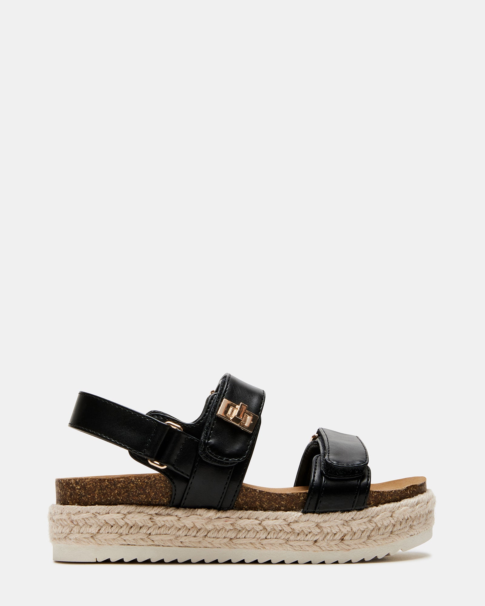Side view of black flatform sandals for kids with slingback straps