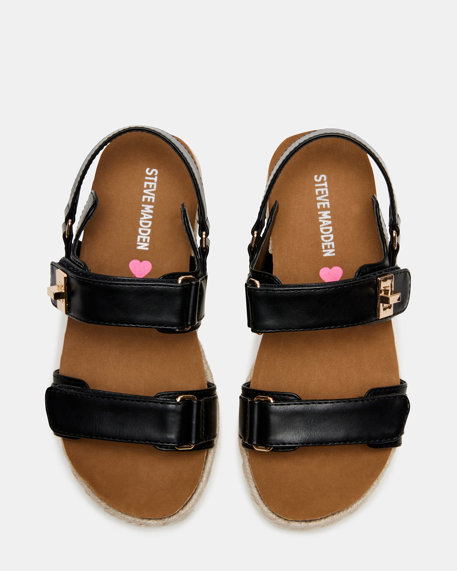 Side view of black flatform sandals for kids with slingback straps