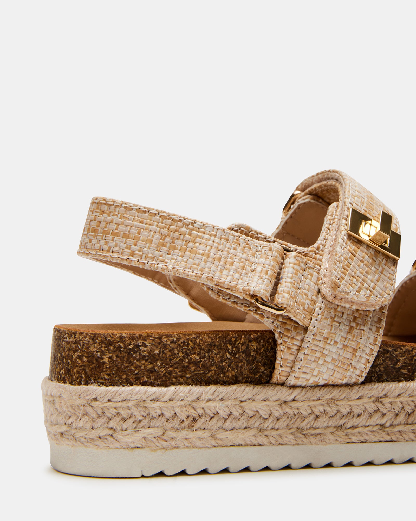 Side view of raffia summer shoes showing 1.5-inch heel height