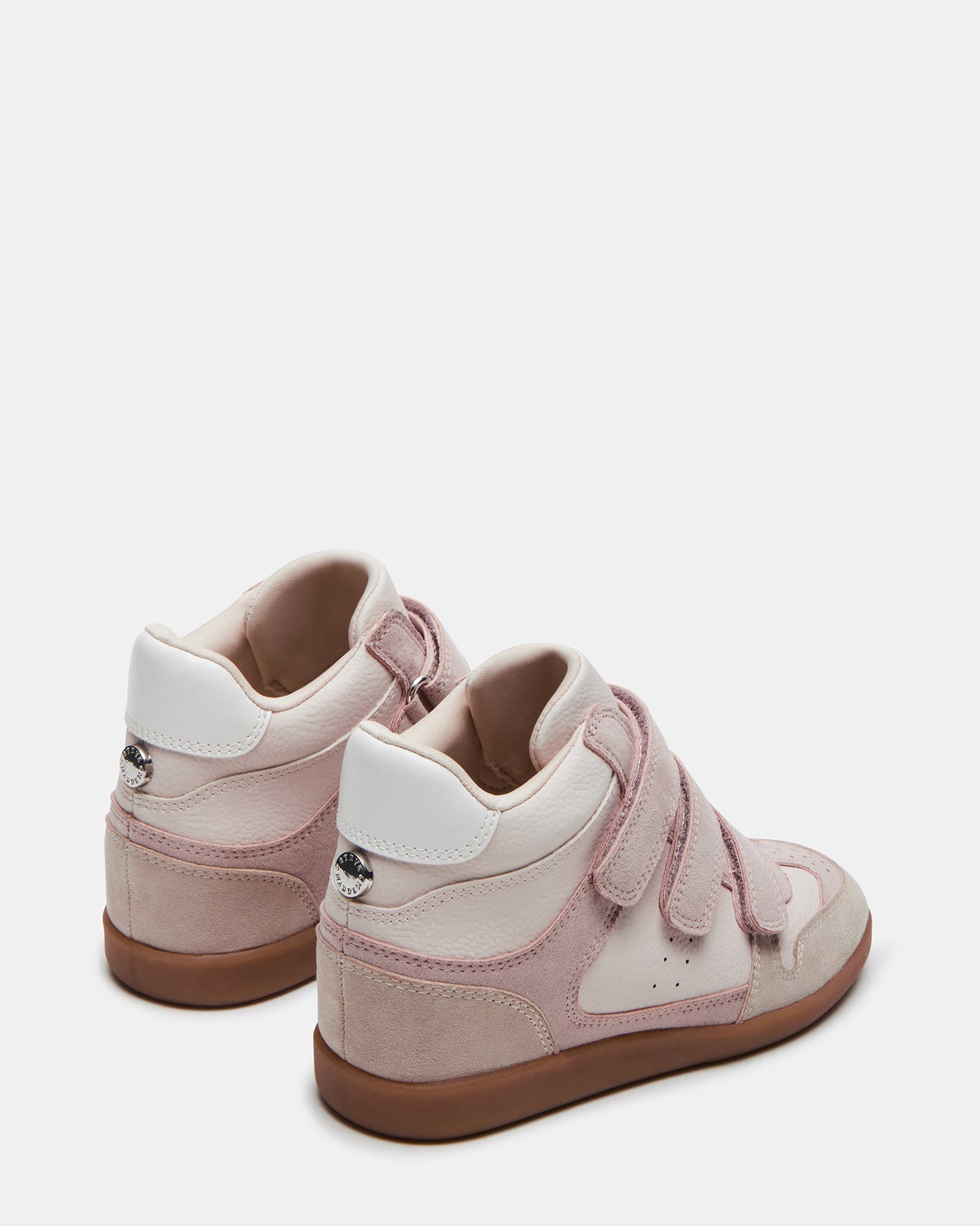 Close-up of kids high-top sneakers showcasing the soft microsuede upper.