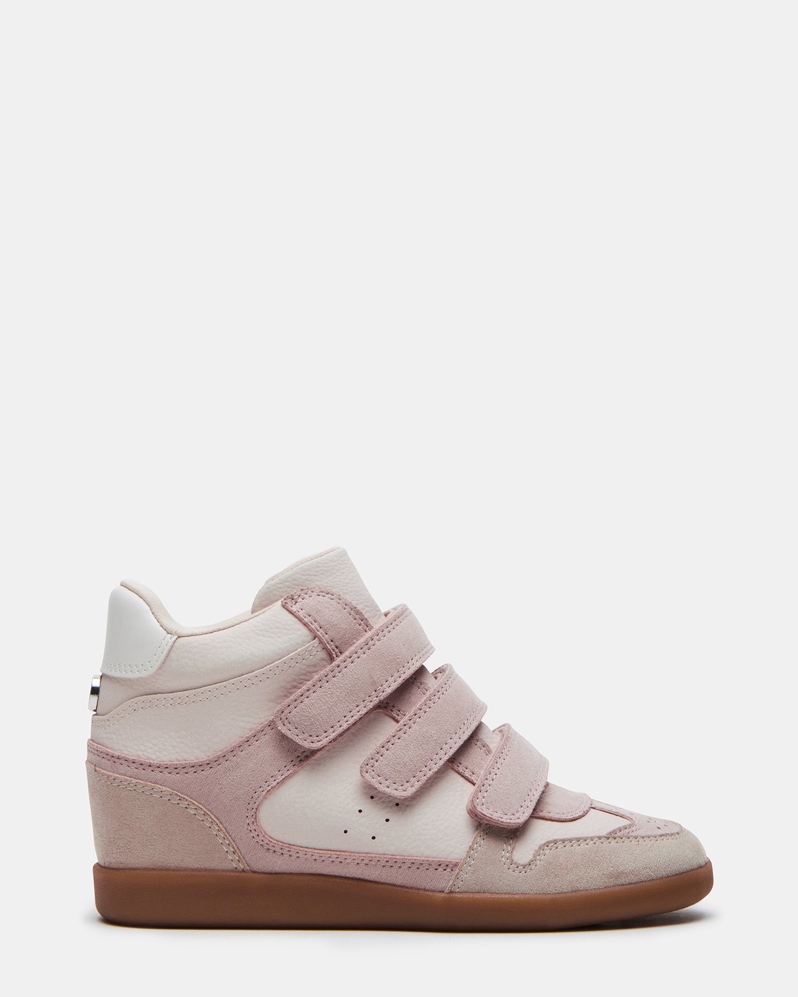 Blush high-top sneakers for kids with Velcro straps, ideal for outdoor activities.
