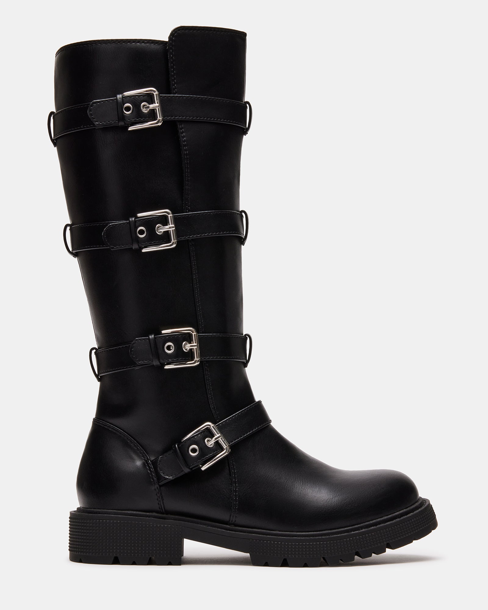 Front angle of black kids knee-high boots with buckle details on wood flooring