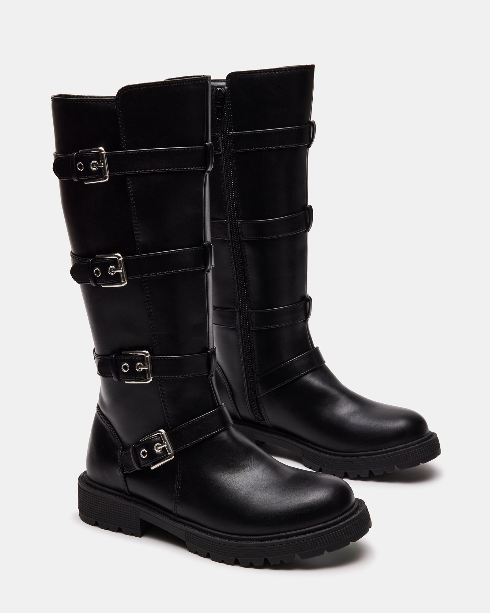 Side view of kids engineer boots showing zipper and decorative straps