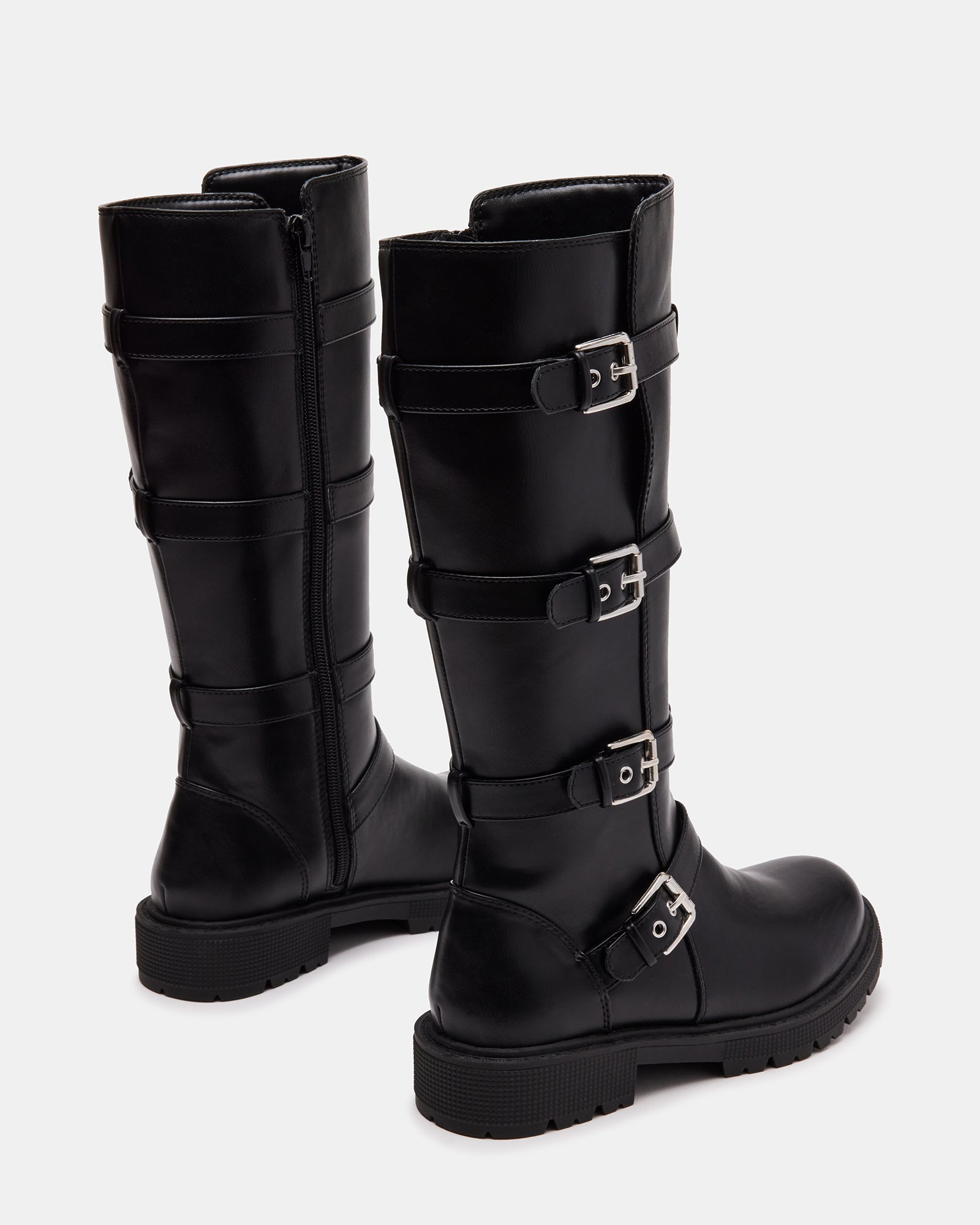 Side view of kids engineer boots showing zipper and decorative straps