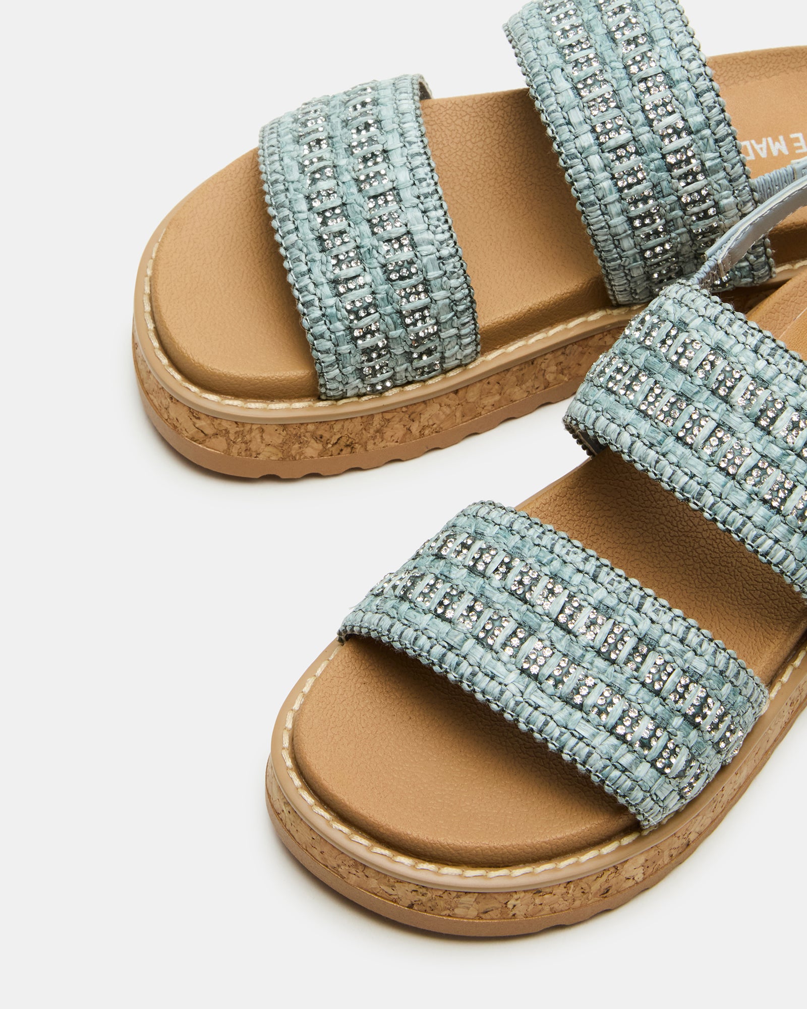 Top view of white platform sandals with contoured footbed and soft lining