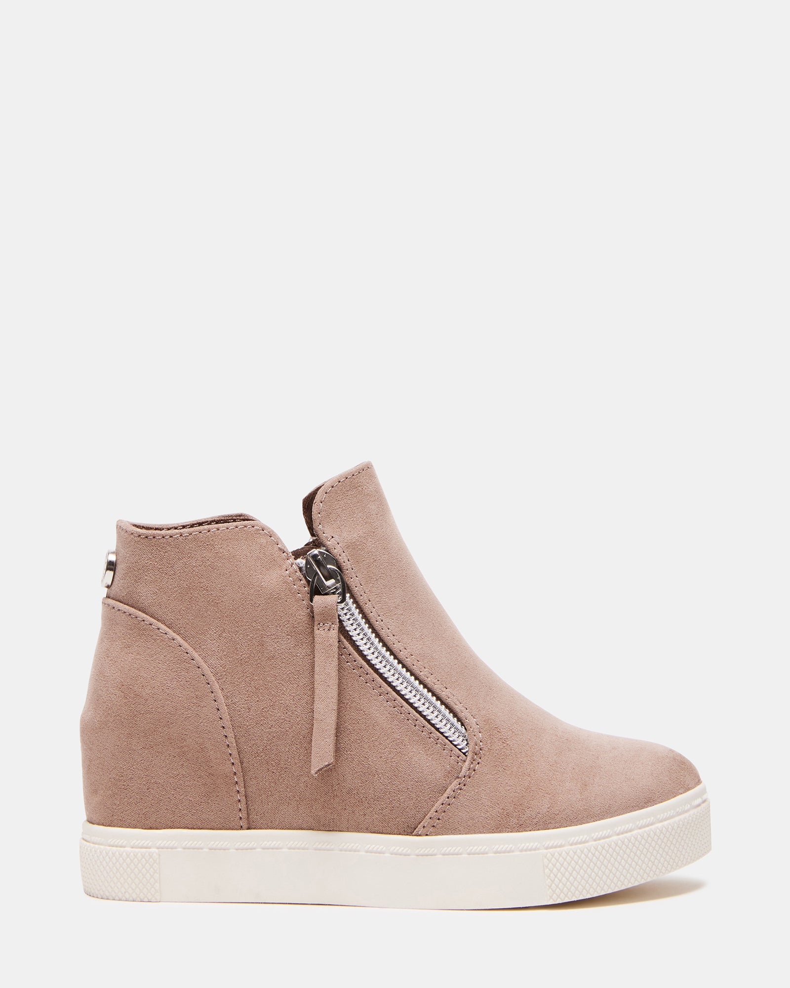 Front view of taupe Caliber kids' wedge high top sneakers showcasing the double zipper.