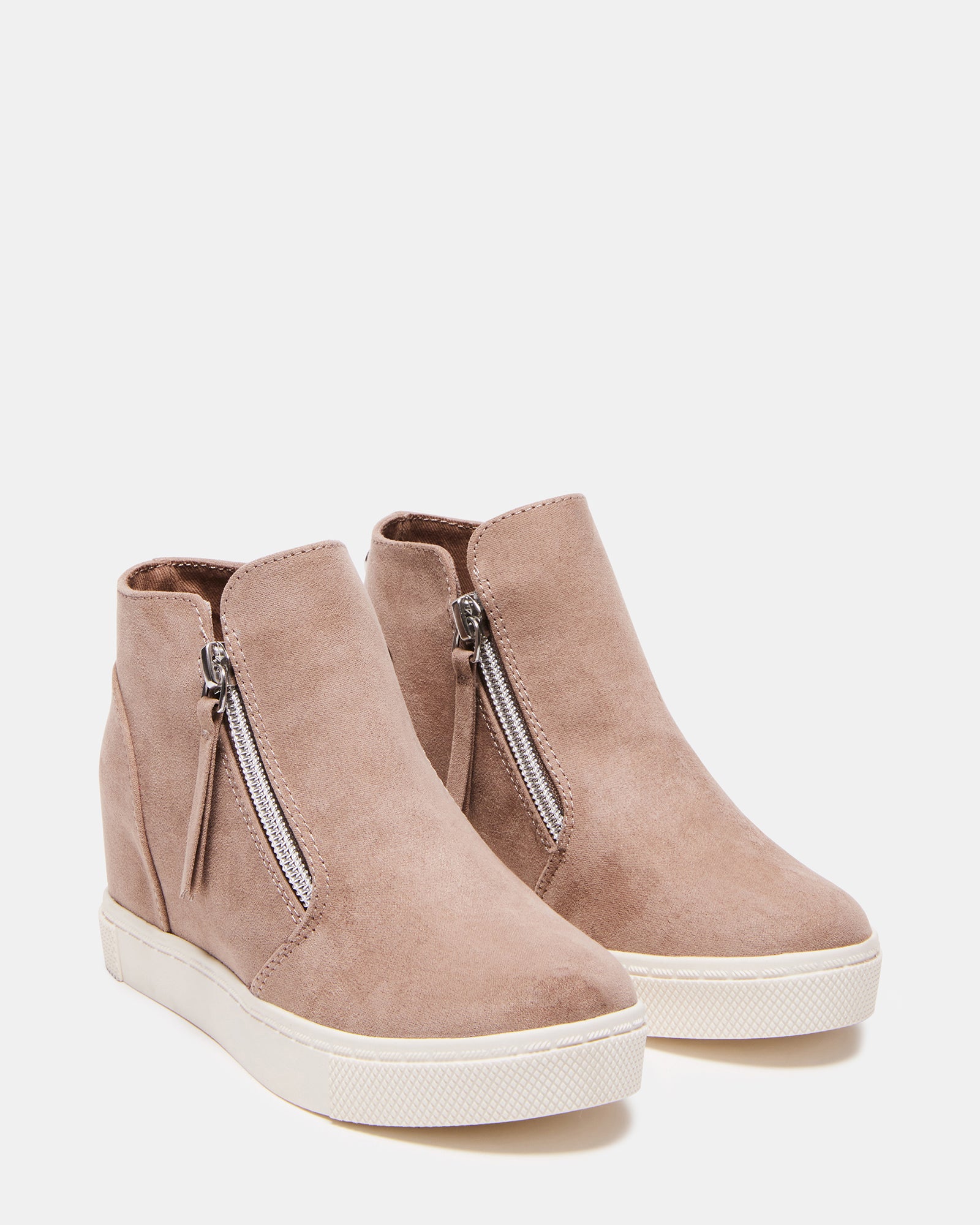Side angle of kids high top sneakers in taupe, highlighting the stylish wedge design.