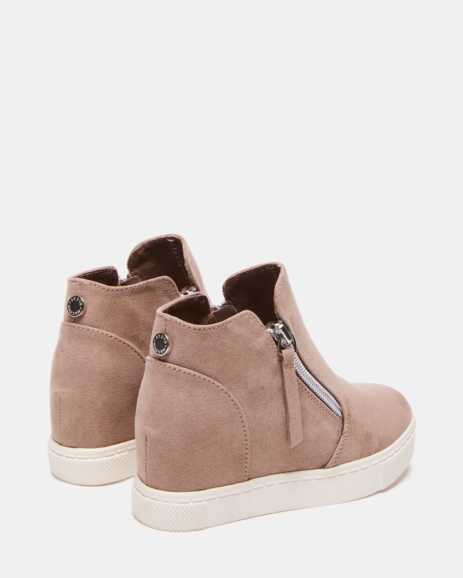 Back view of the taupe Caliber high top sneakers for kids, displaying the textile upper.