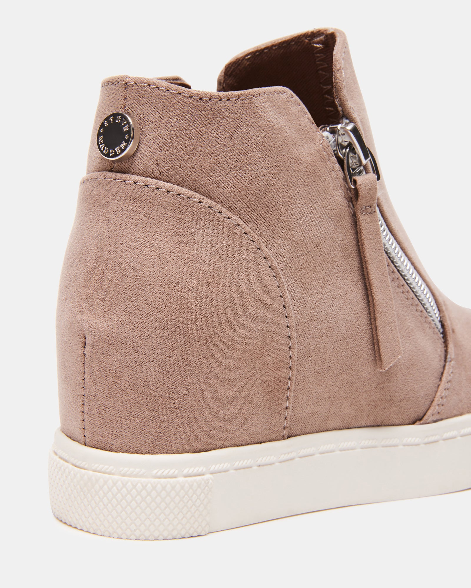 Side angle of kids high top sneakers in taupe, highlighting the stylish wedge design.