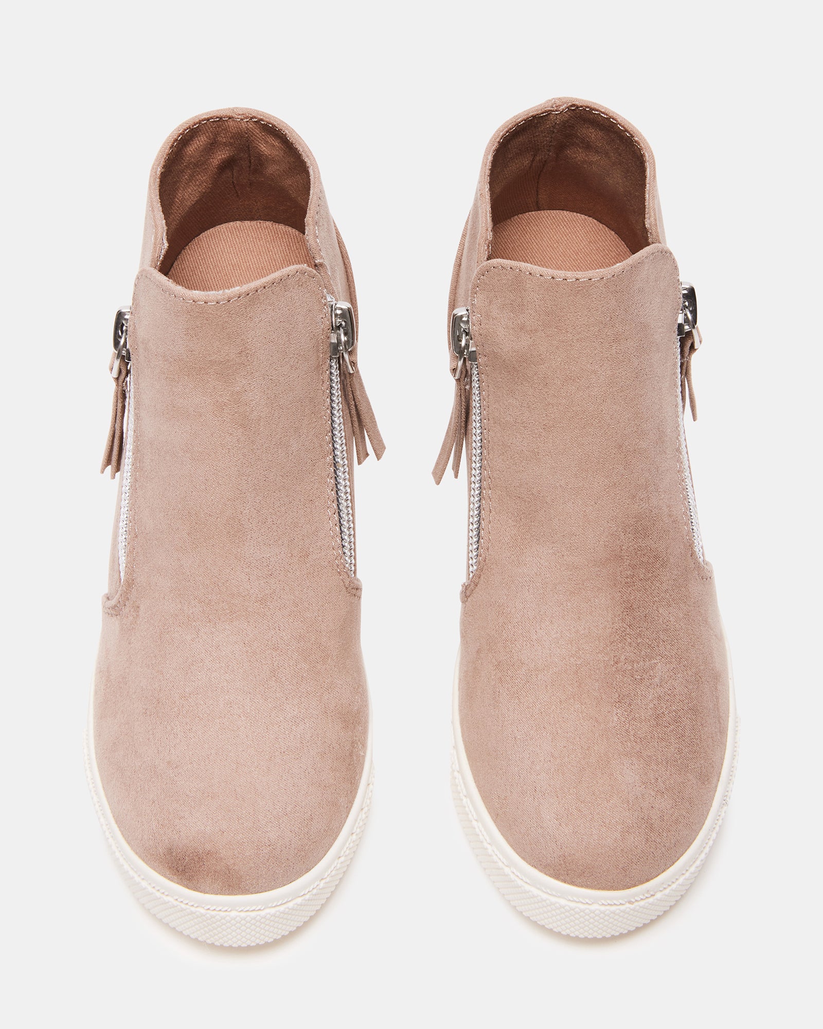 Front view of taupe Caliber kids wedge high top sneakers showcasing the double zipper.