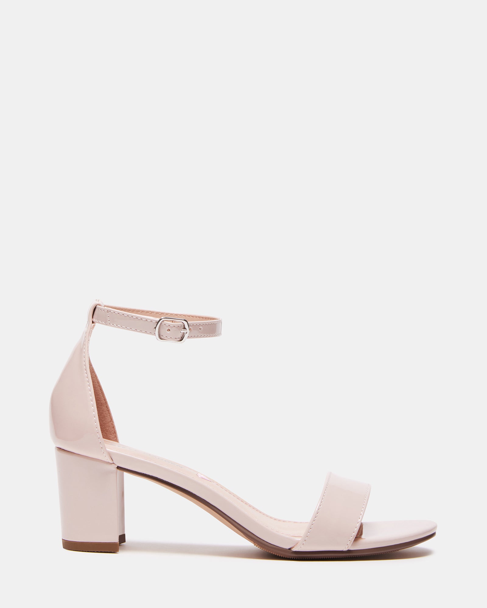 Side view of blush kids sandals with block heel and buckle strap