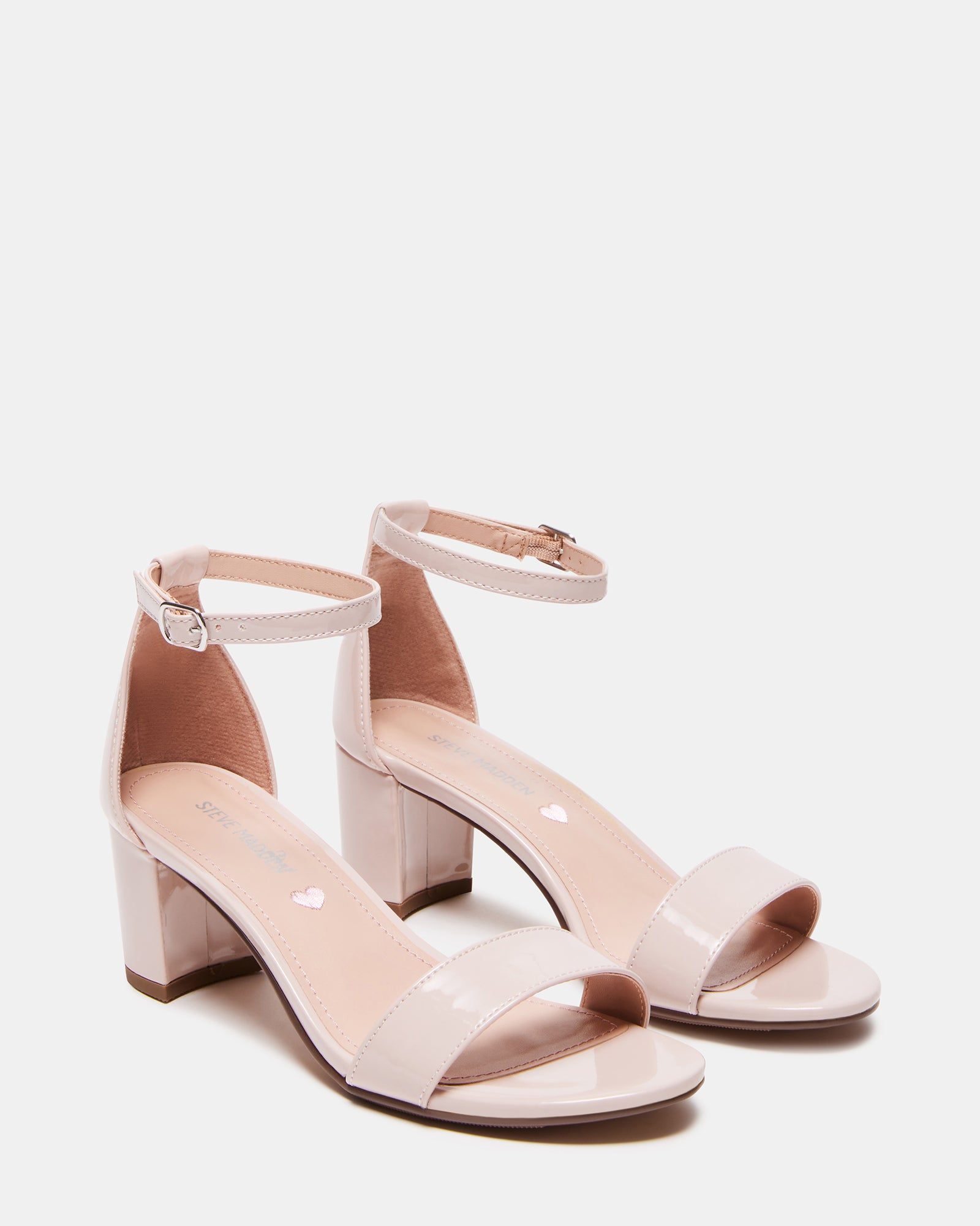 Kids blush patent block heel sandals with minimalist design and low heel height