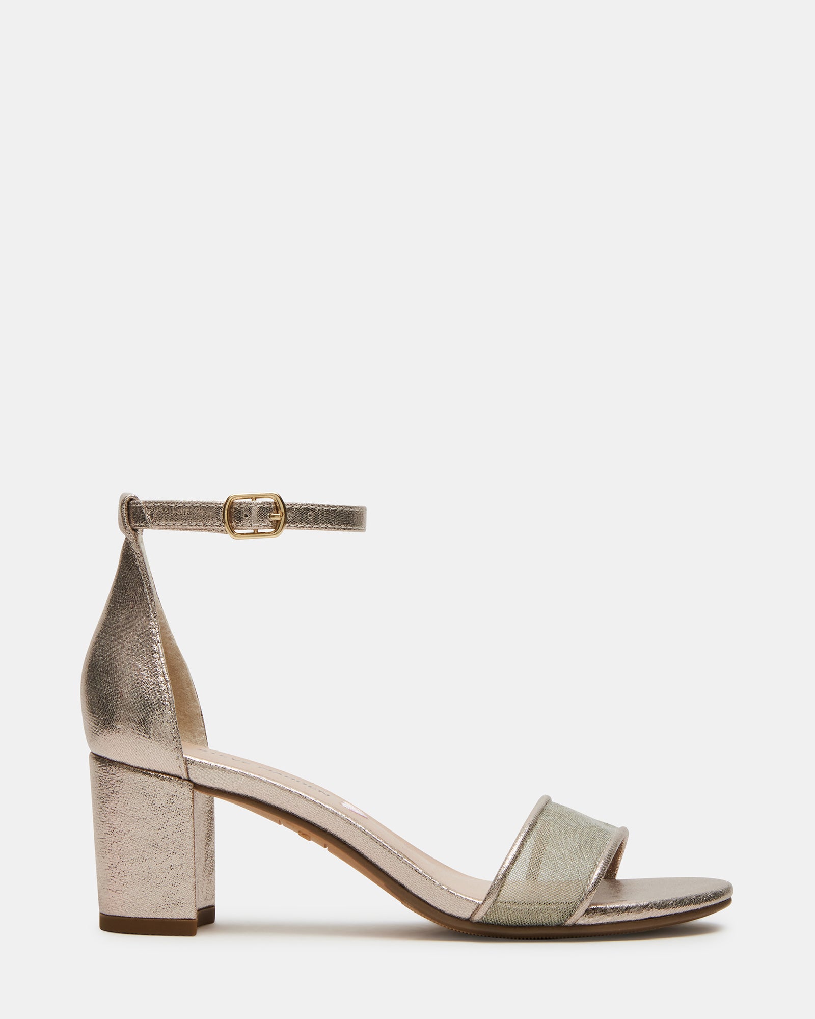 Side view of gold kids dress sandals with buckle and block heel
