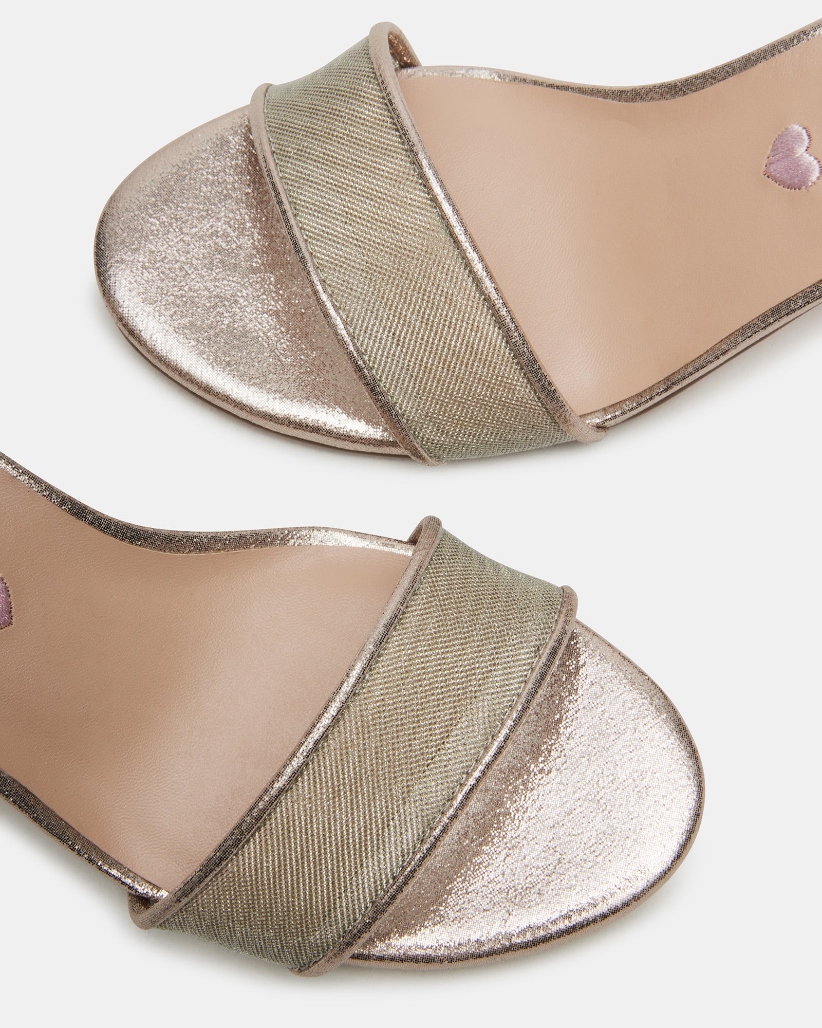 Side view of gold kids dress sandals with buckle and block heel