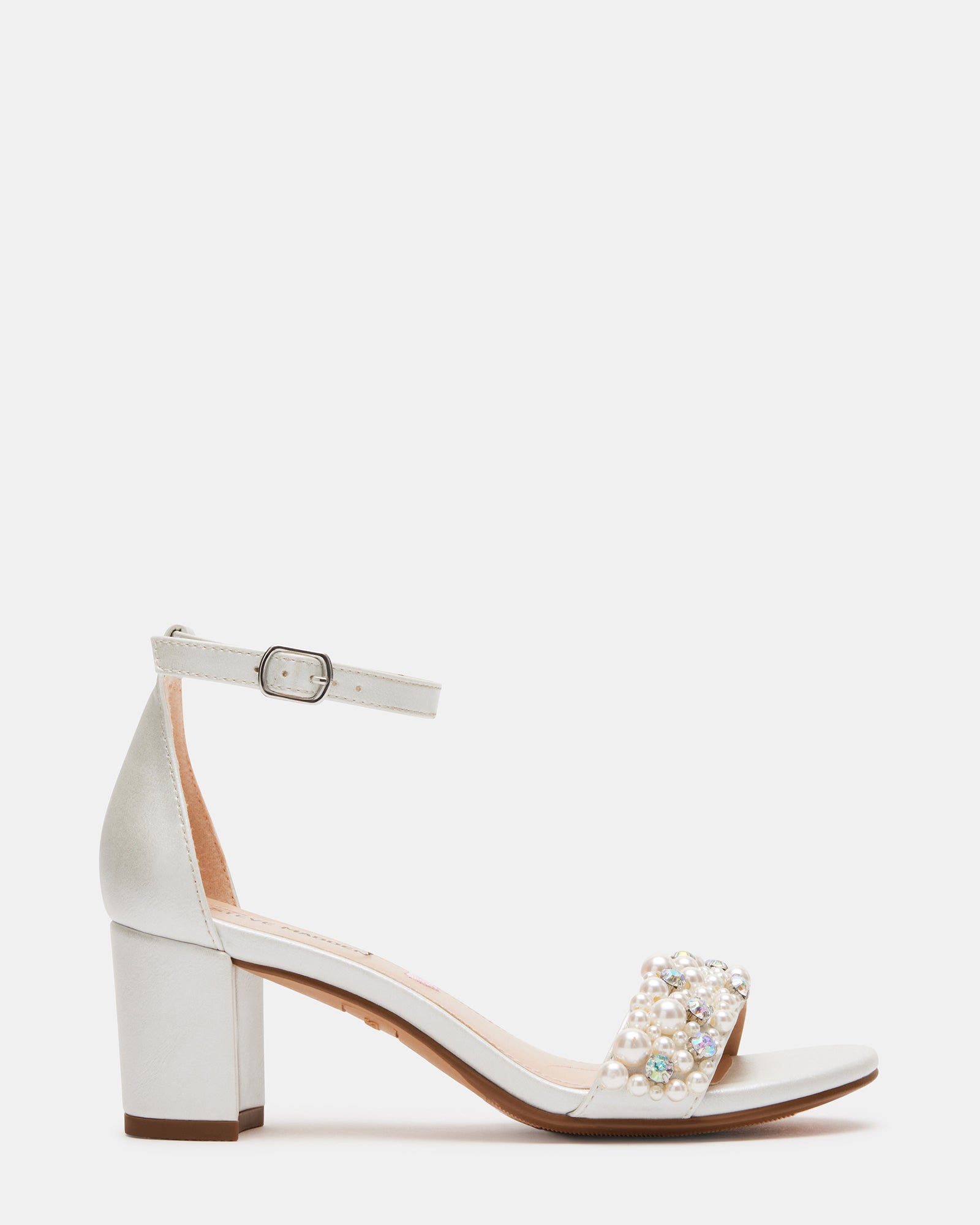 Front view of nude block heel sandals with pearl straps for girls