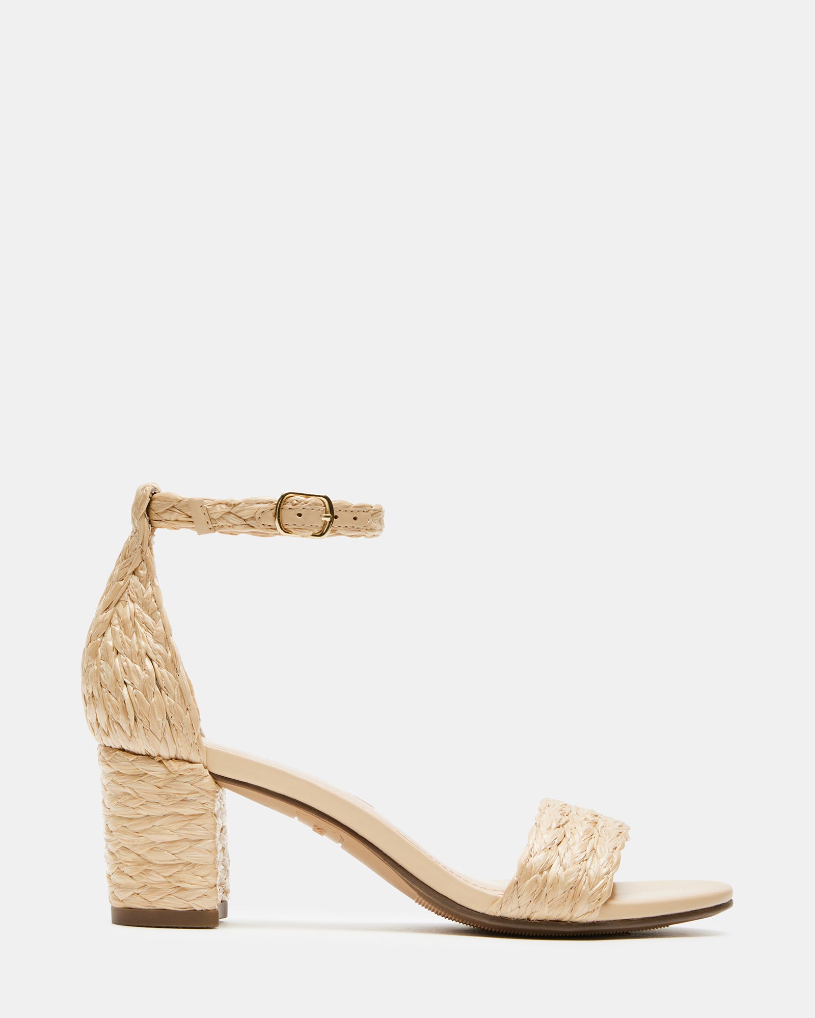 Side profile of kids braided dress sandals with low block heels