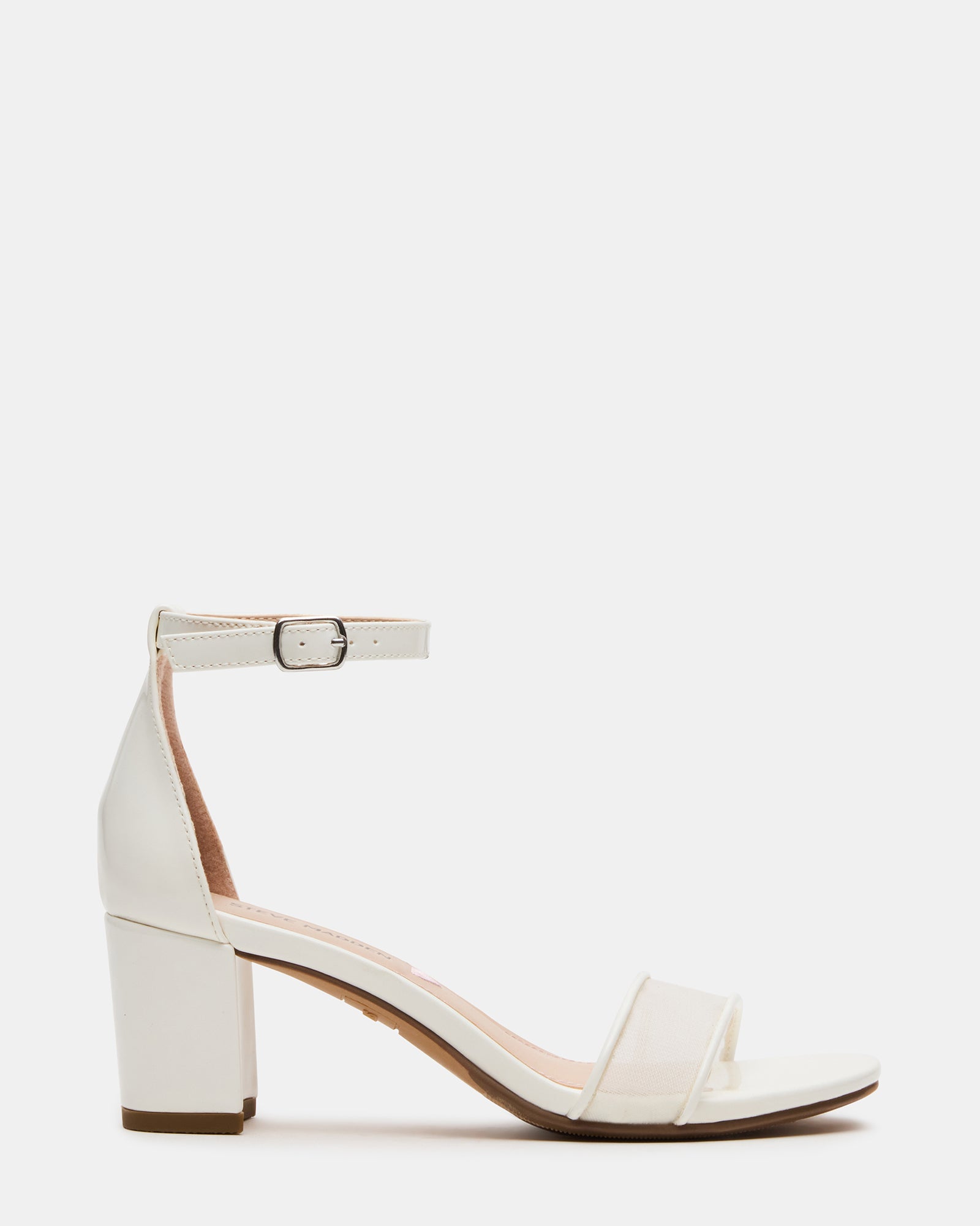 Front view of kids' mesh white dress sandals with ankle strap and block heel