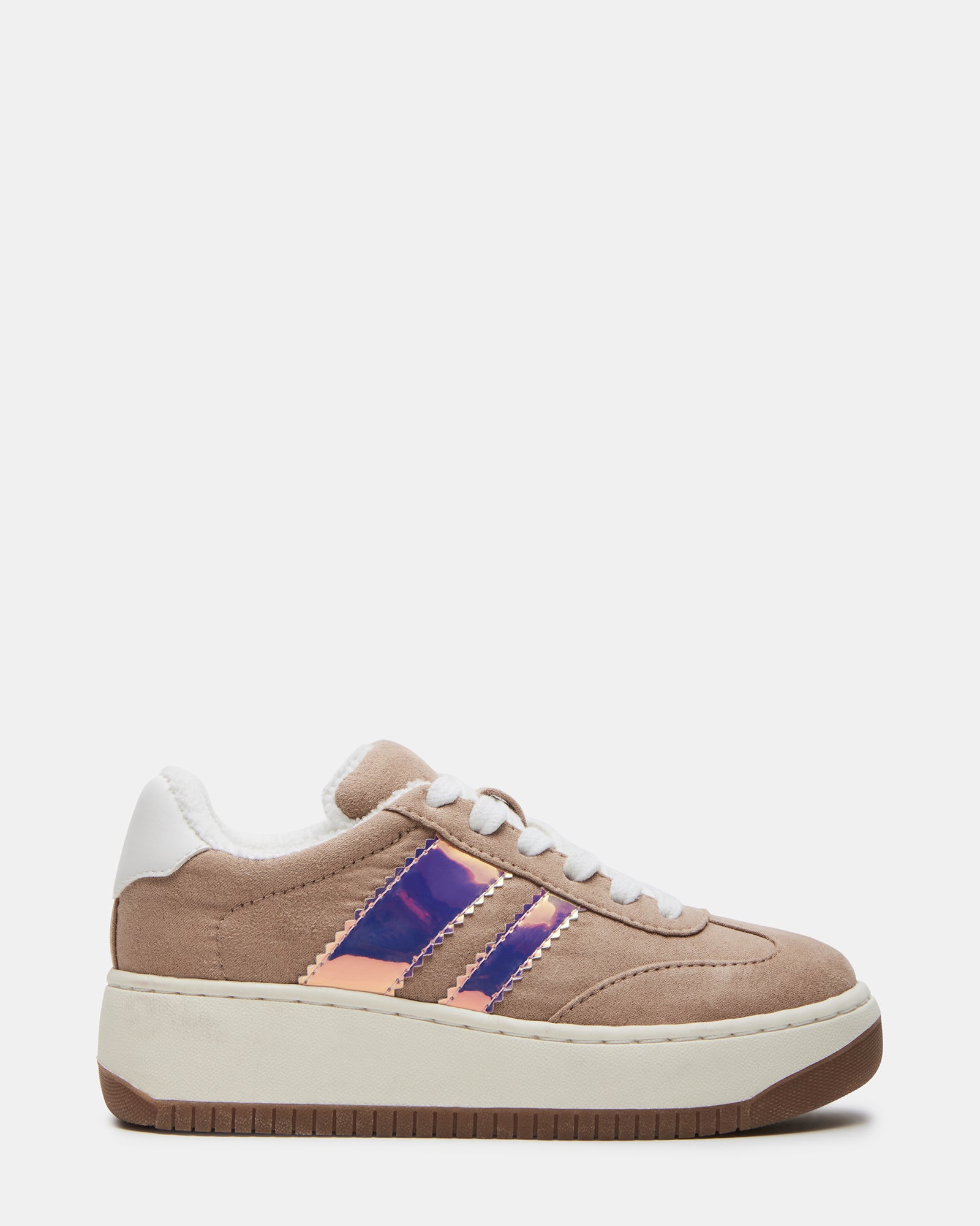 Side view of FieldTan kids sneakers showing lace-up design and microsuede texture
