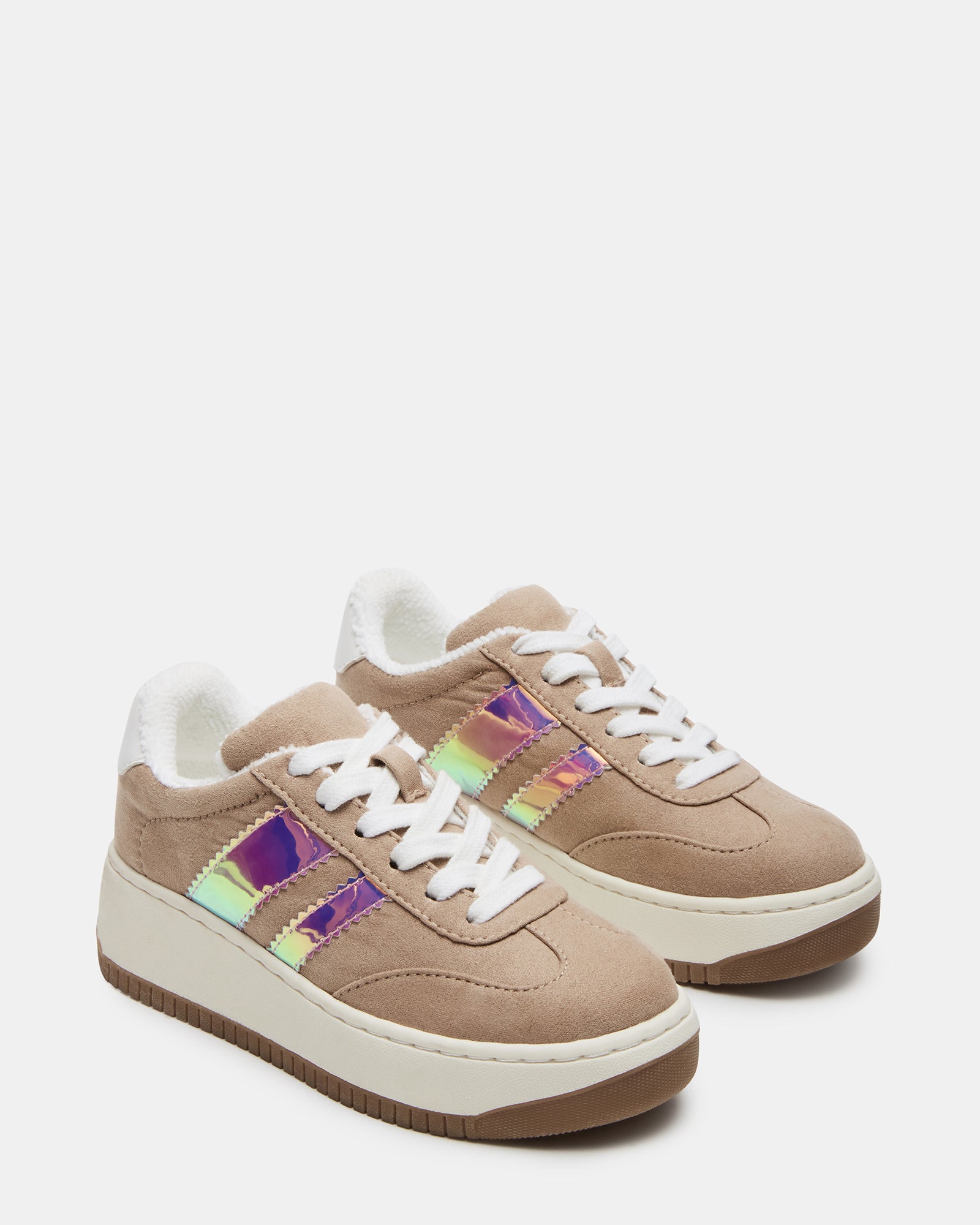 Top-down angle of toddler sneakers highlighting vegan leather sock and textile lining