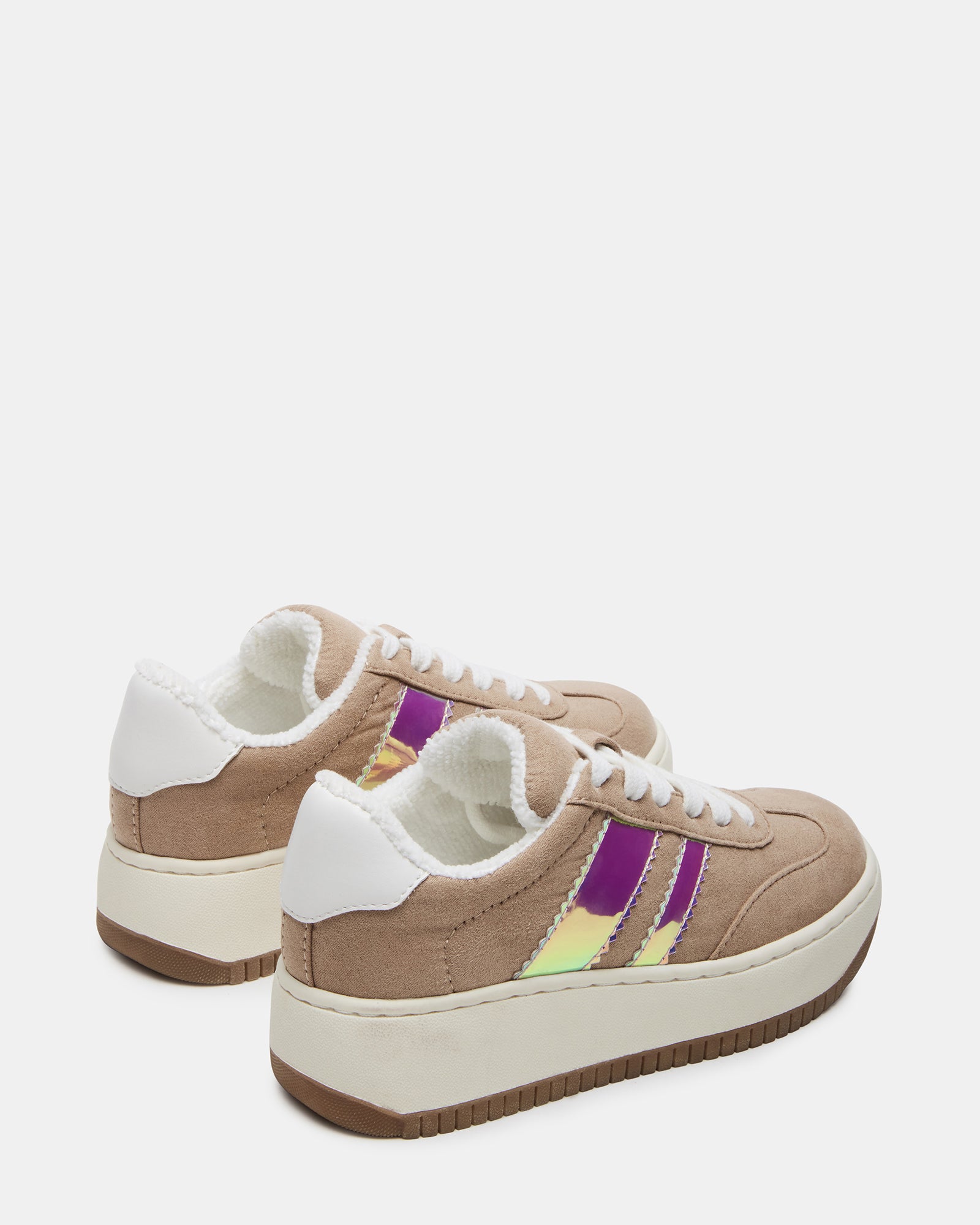 Top-down angle of toddler sneakers highlighting vegan leather sock and textile lining