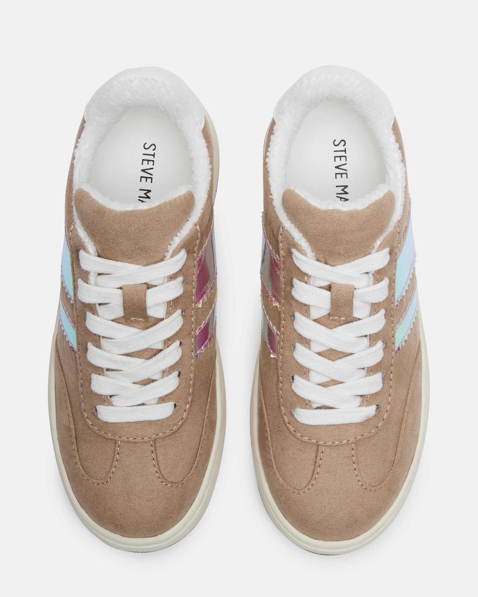 Side view of FieldTan kids sneakers showing lace-up design and microsuede texture