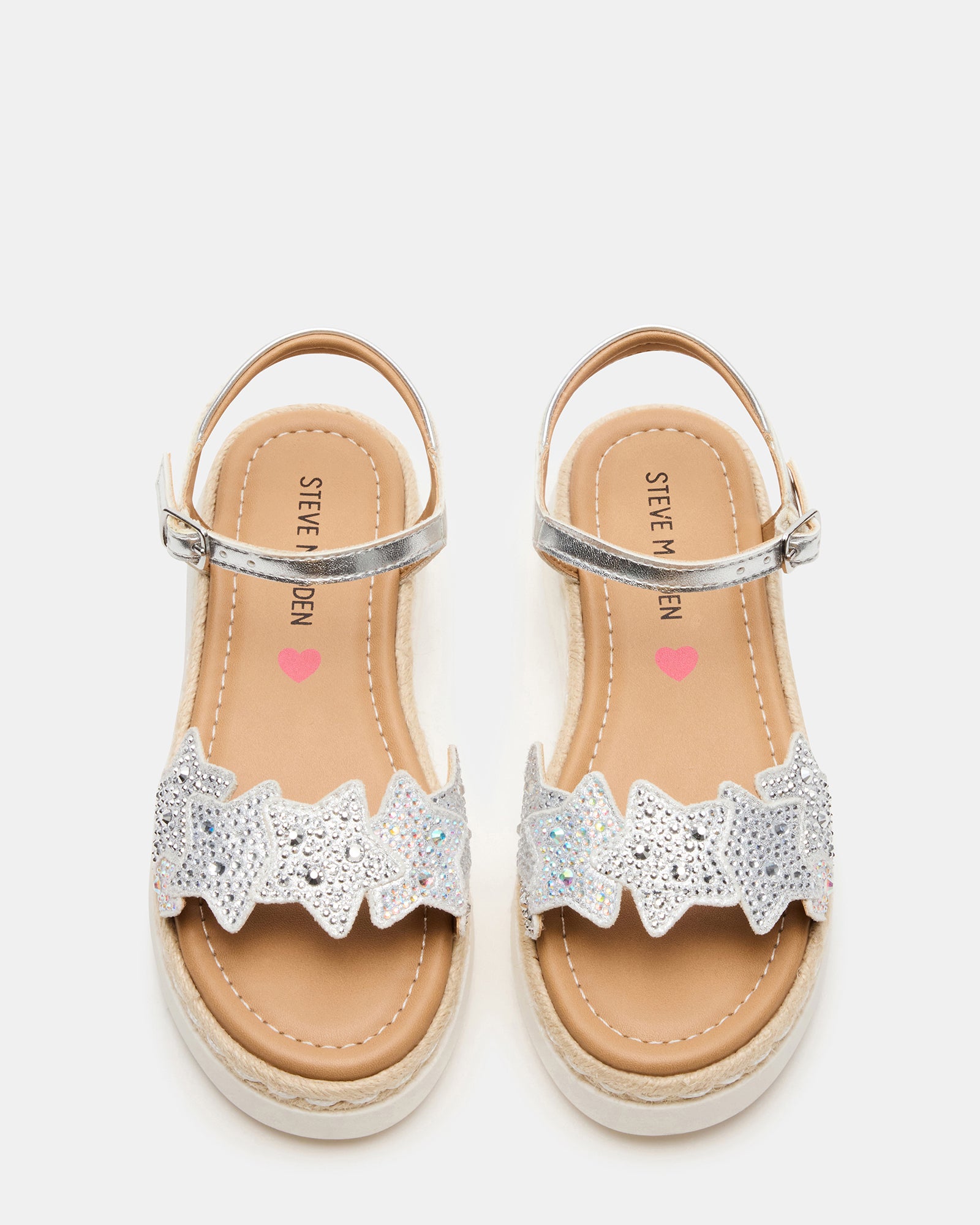 Close-up of rhinestone-embellished star strap on kids espadrille sandals