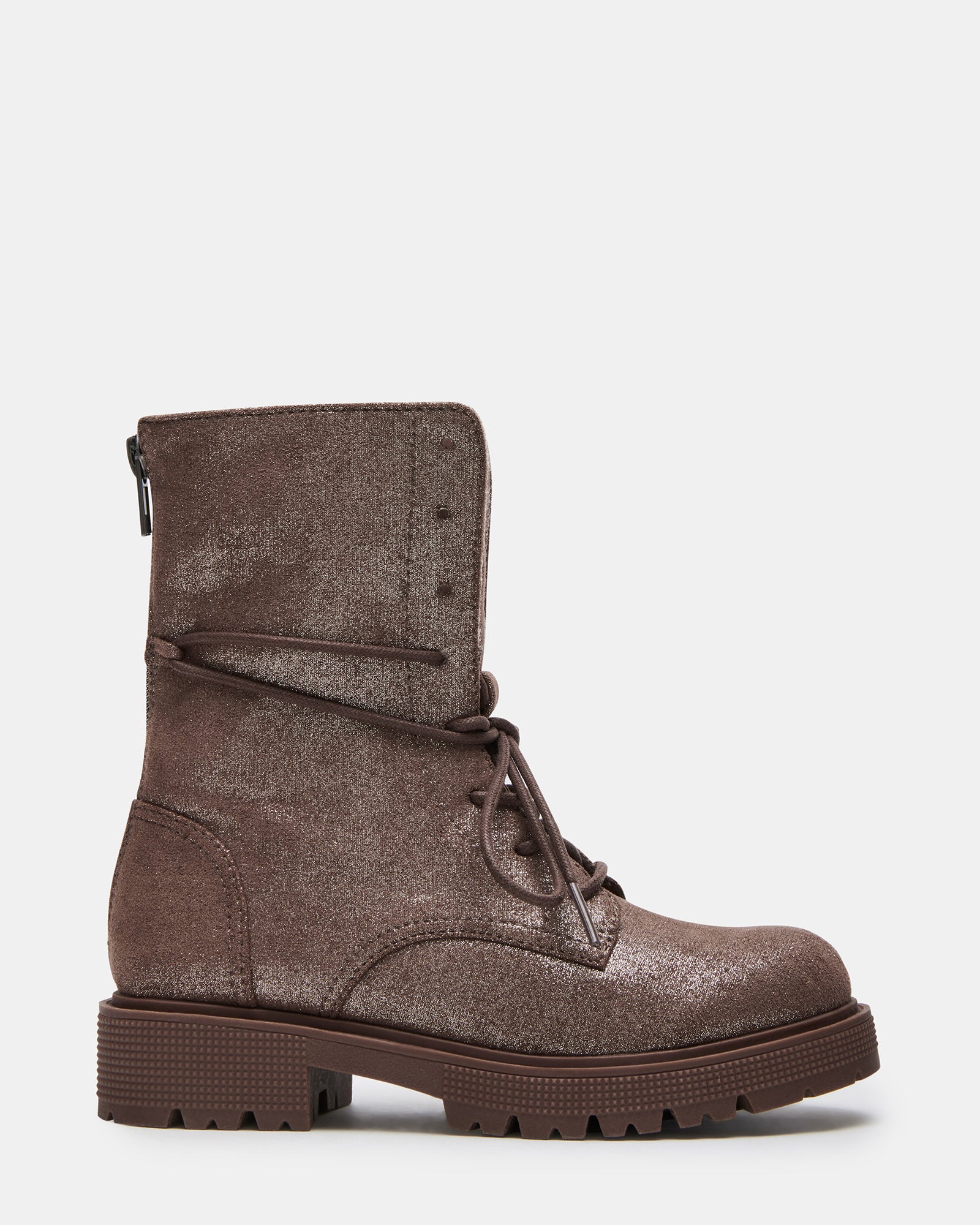 Side view of kids combat-style snow boots with lug sole and trendy shimmer fabric