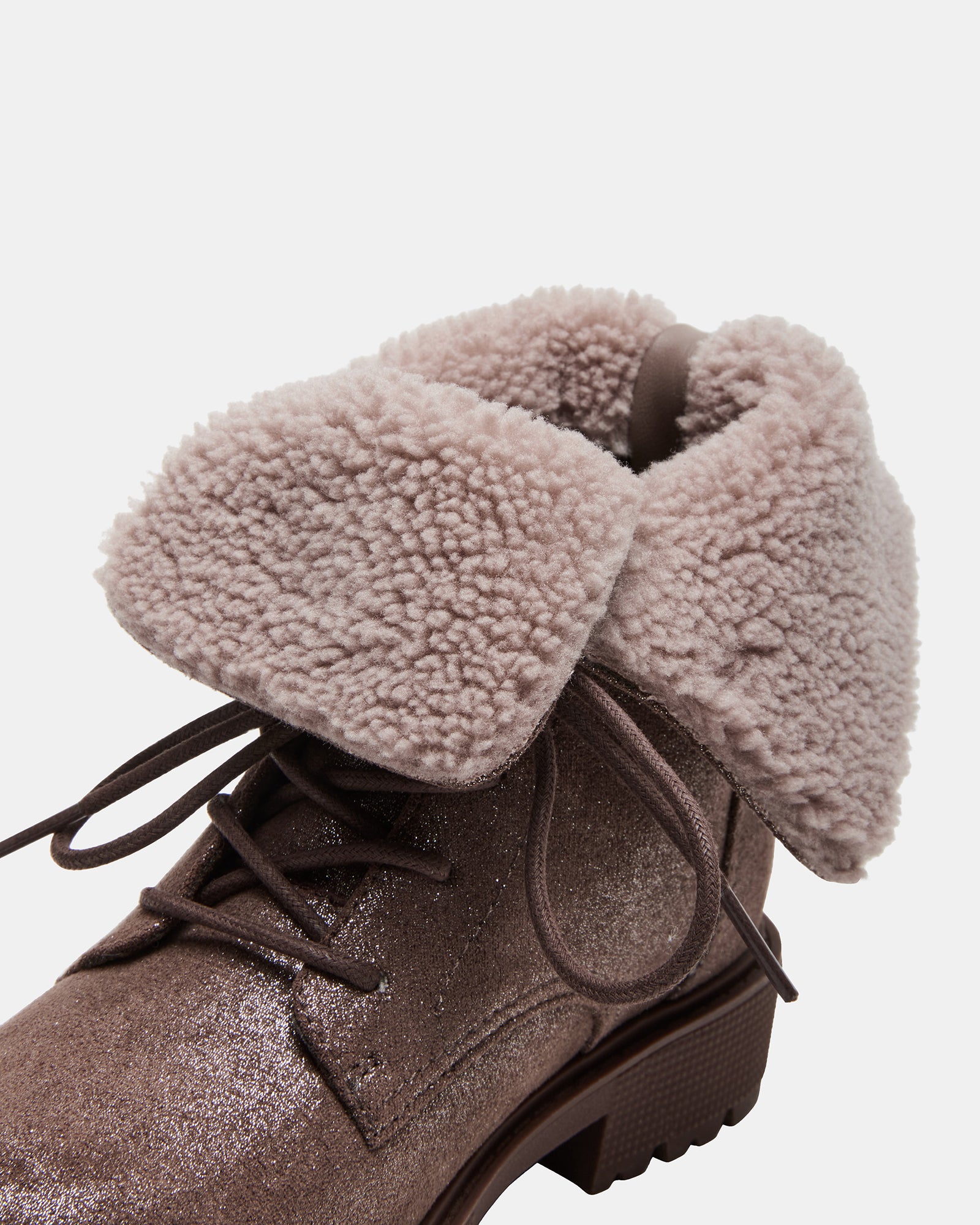 Side view of kids combat-style snow boots with lug sole and trendy shimmer fabric