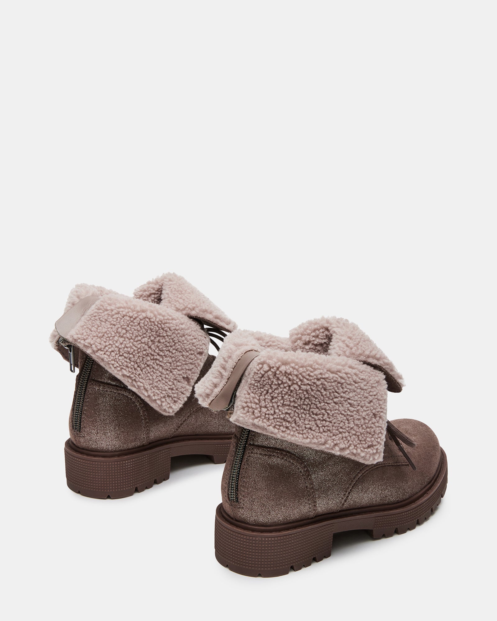 Side view of kids combat-style snow boots with lug sole and trendy shimmer fabric