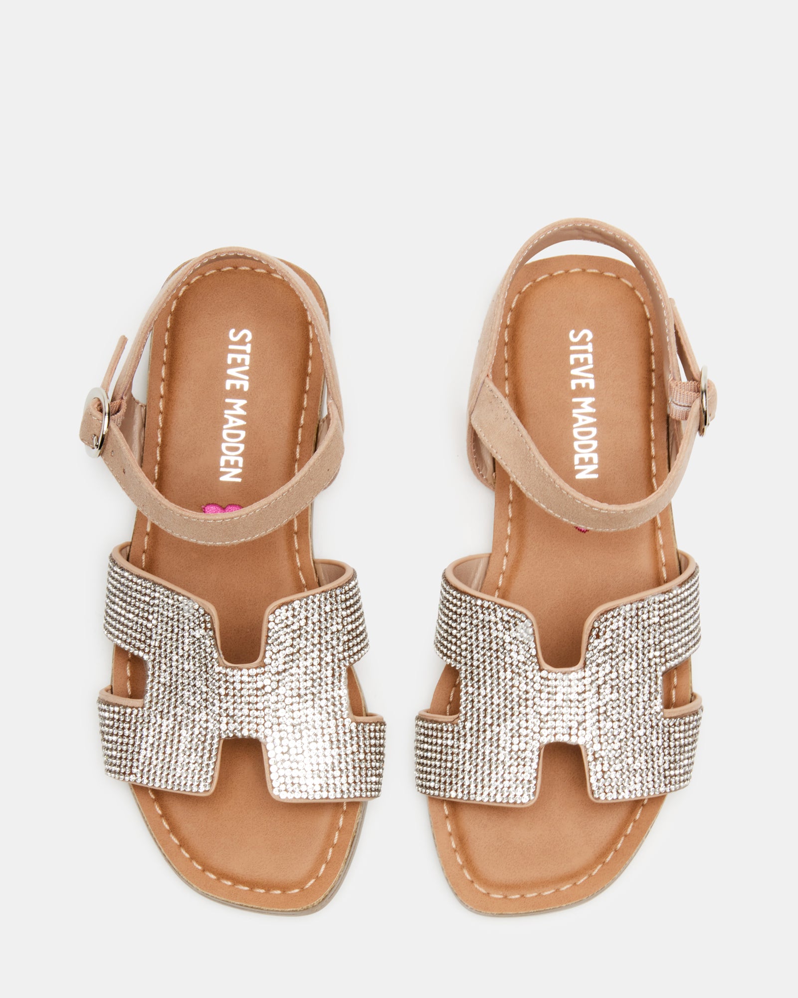 Close-up of Haydin kids sandals with rhinestones and geometric cutouts.