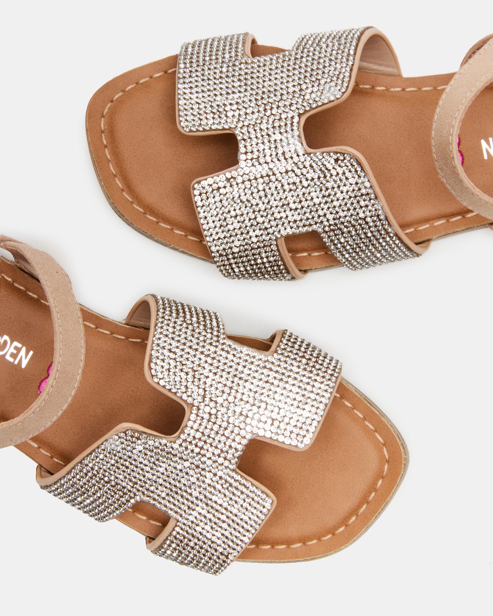 Side view of Haydin kids sandals highlighting the micro suede material and rhinestones.