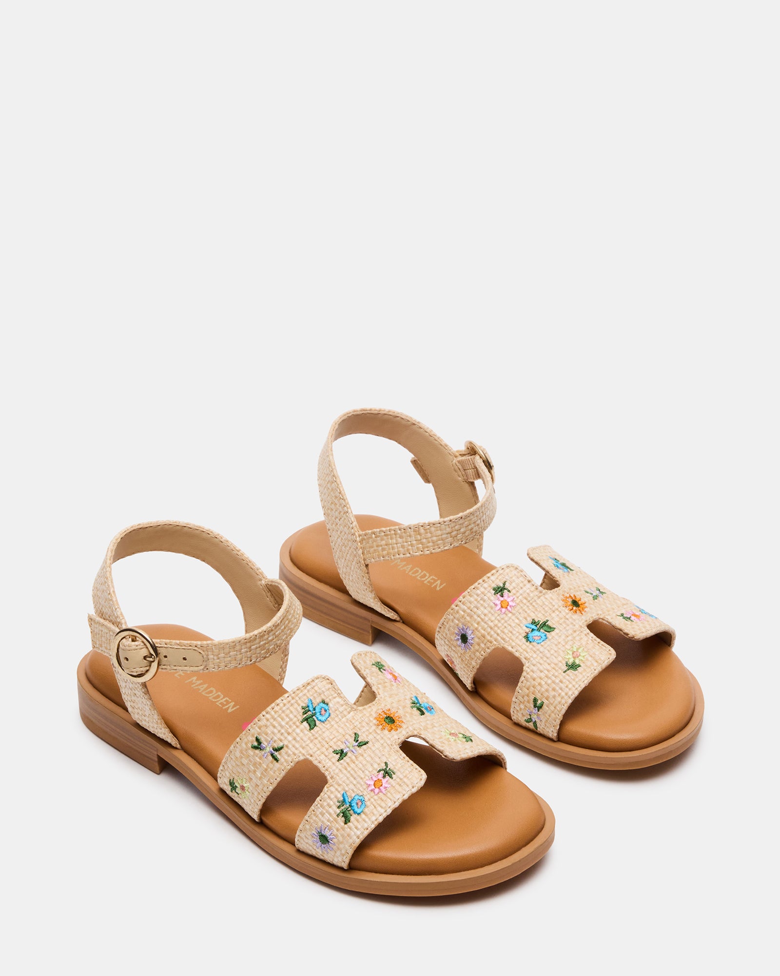 Side view of floral wedge sandals with ankle strap