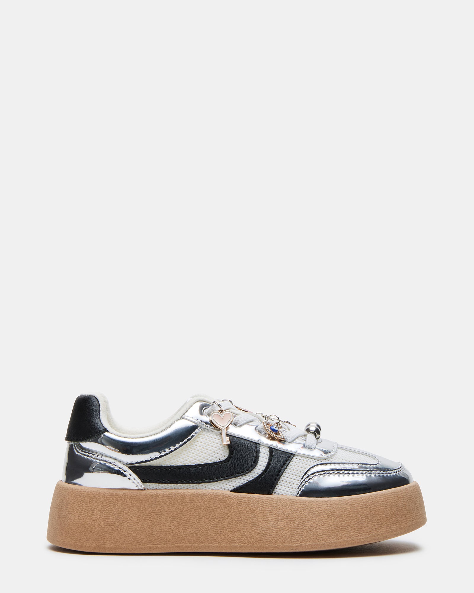Silver platform sneakers for kids with shoe charms