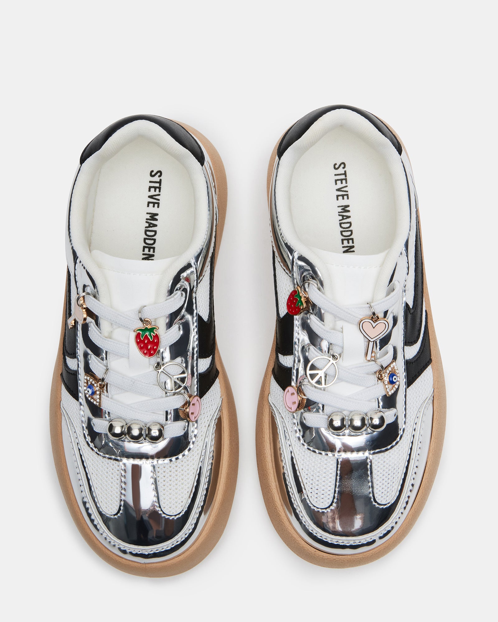 Silver platform sneakers for kids with shoe charms