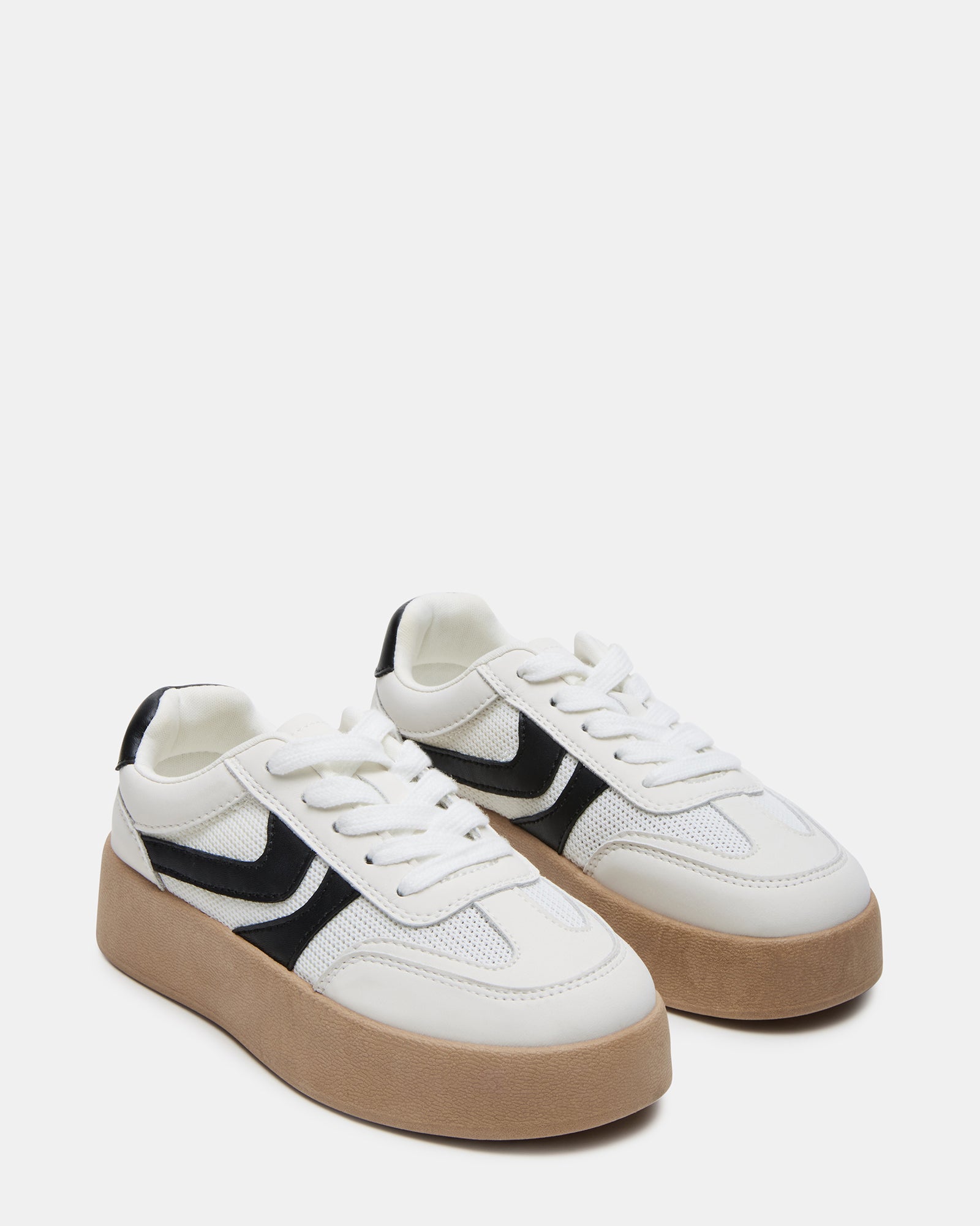 Close-up of the silver accents and textured sole on these platform sneakers