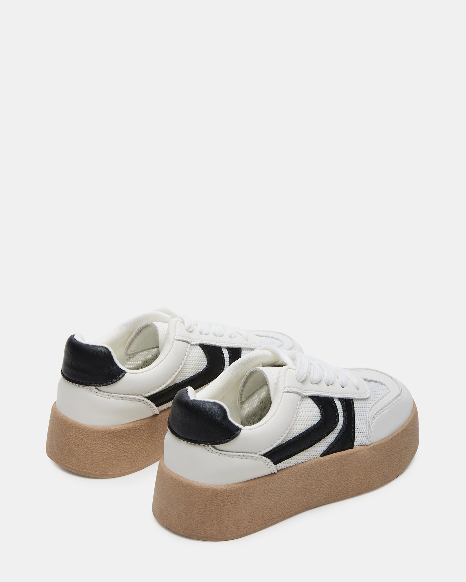 Close-up of the silver accents and textured sole on these platform sneakers