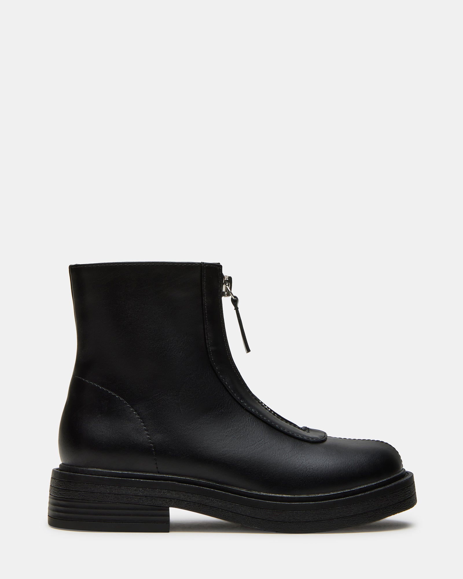Side view of black vegan leather kids' ankle boots with zipper.