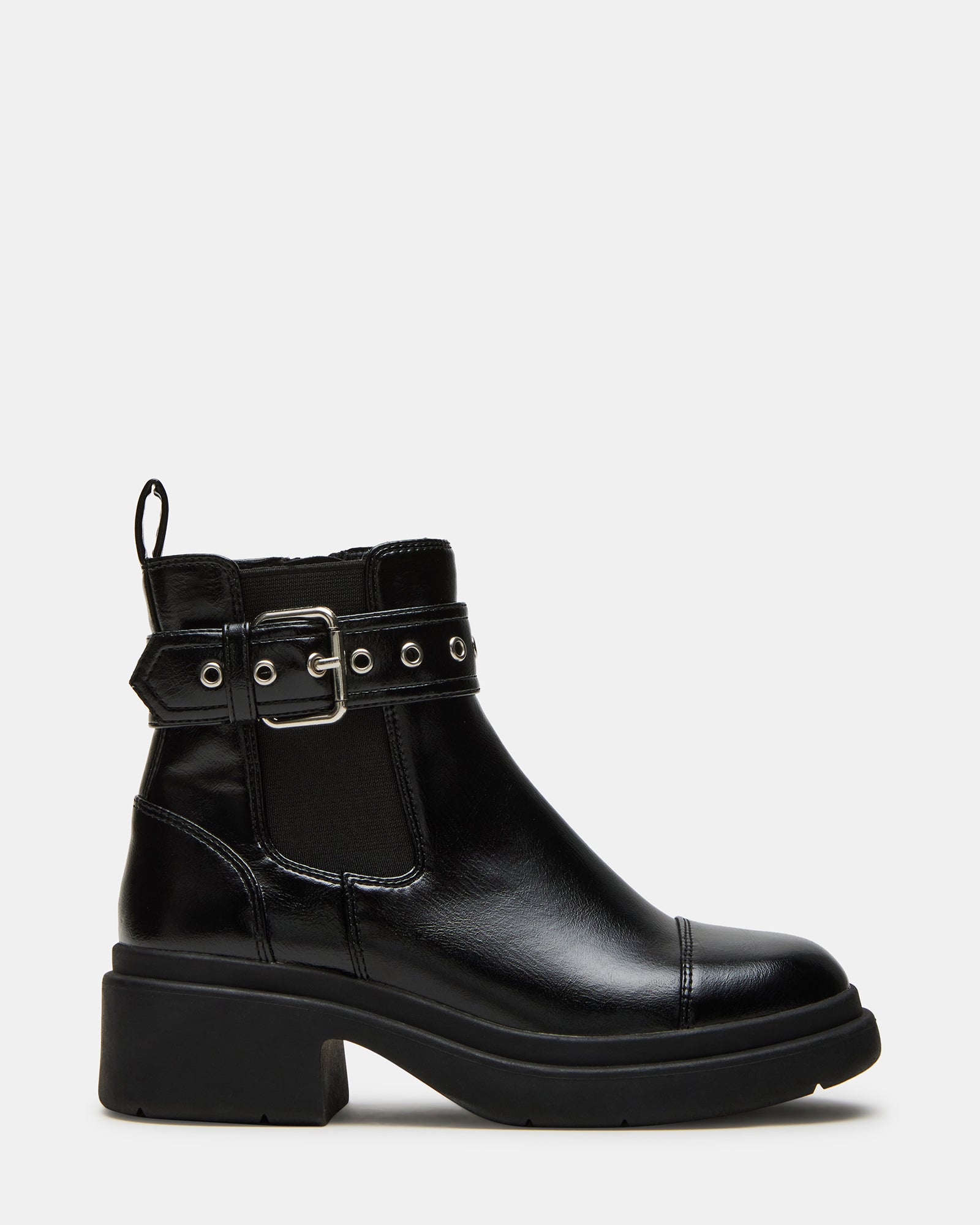 Side view of black moto kids' boots with buckle detail and synthetic sole
