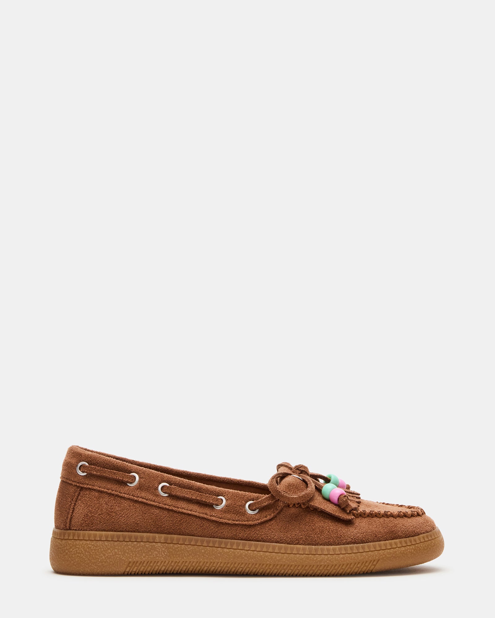 Side view of kids boat shoes showing fringe and bow detailing