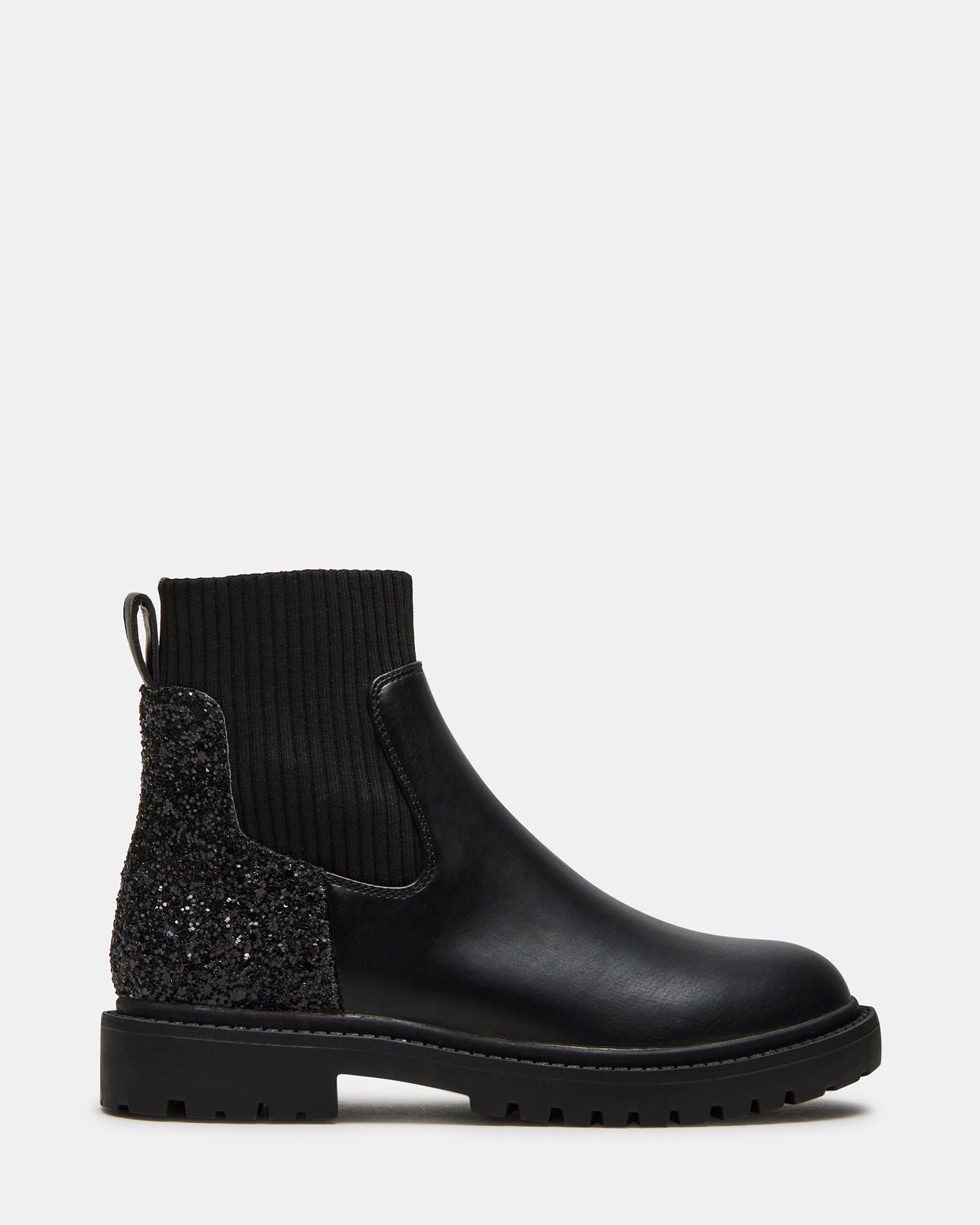 Kids' black glitter ankle boots displayed on a wooden bench, showcasing the zip detail.