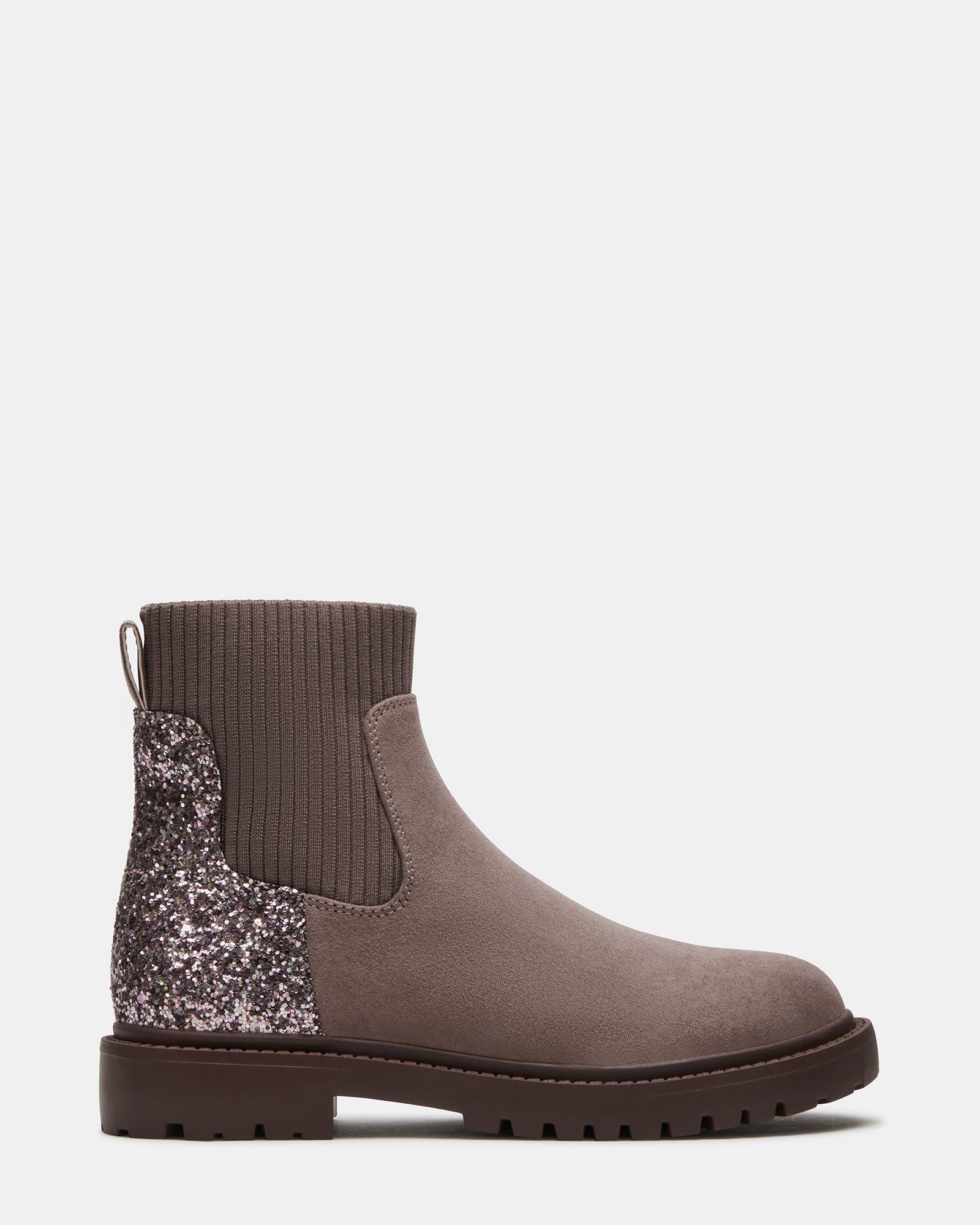 Kids' Lilyana ankle boots with glitter detail, paired with jeans.