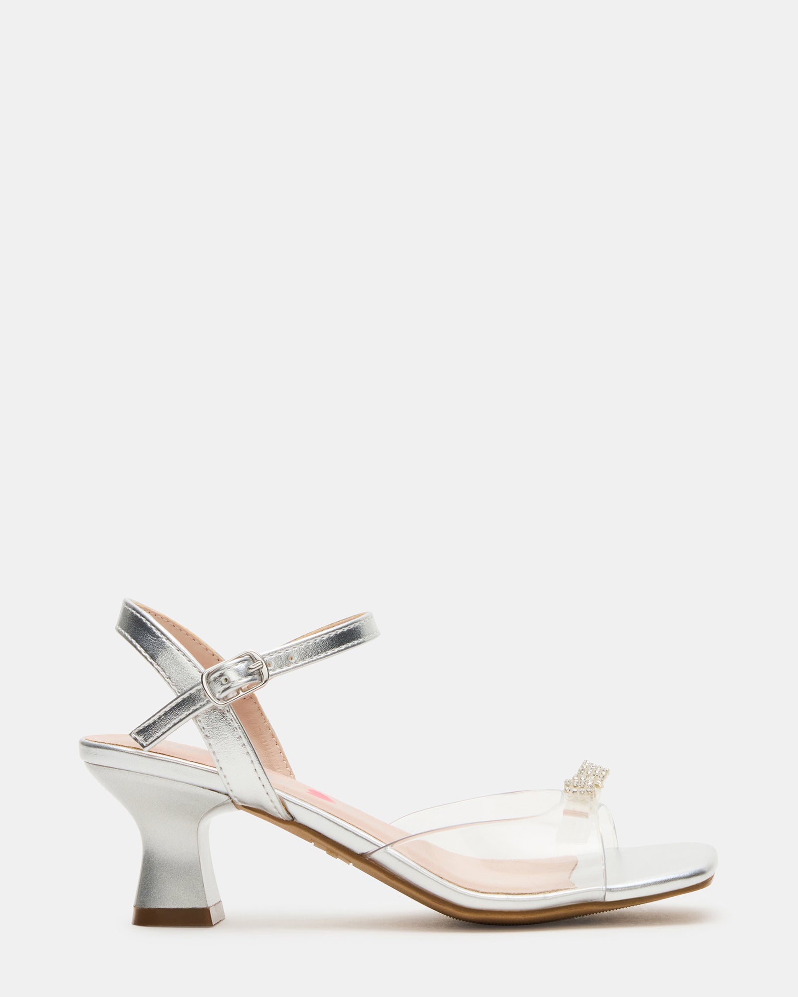 Close-up of Merry Silver kids shoes showing rhinestone bow detail