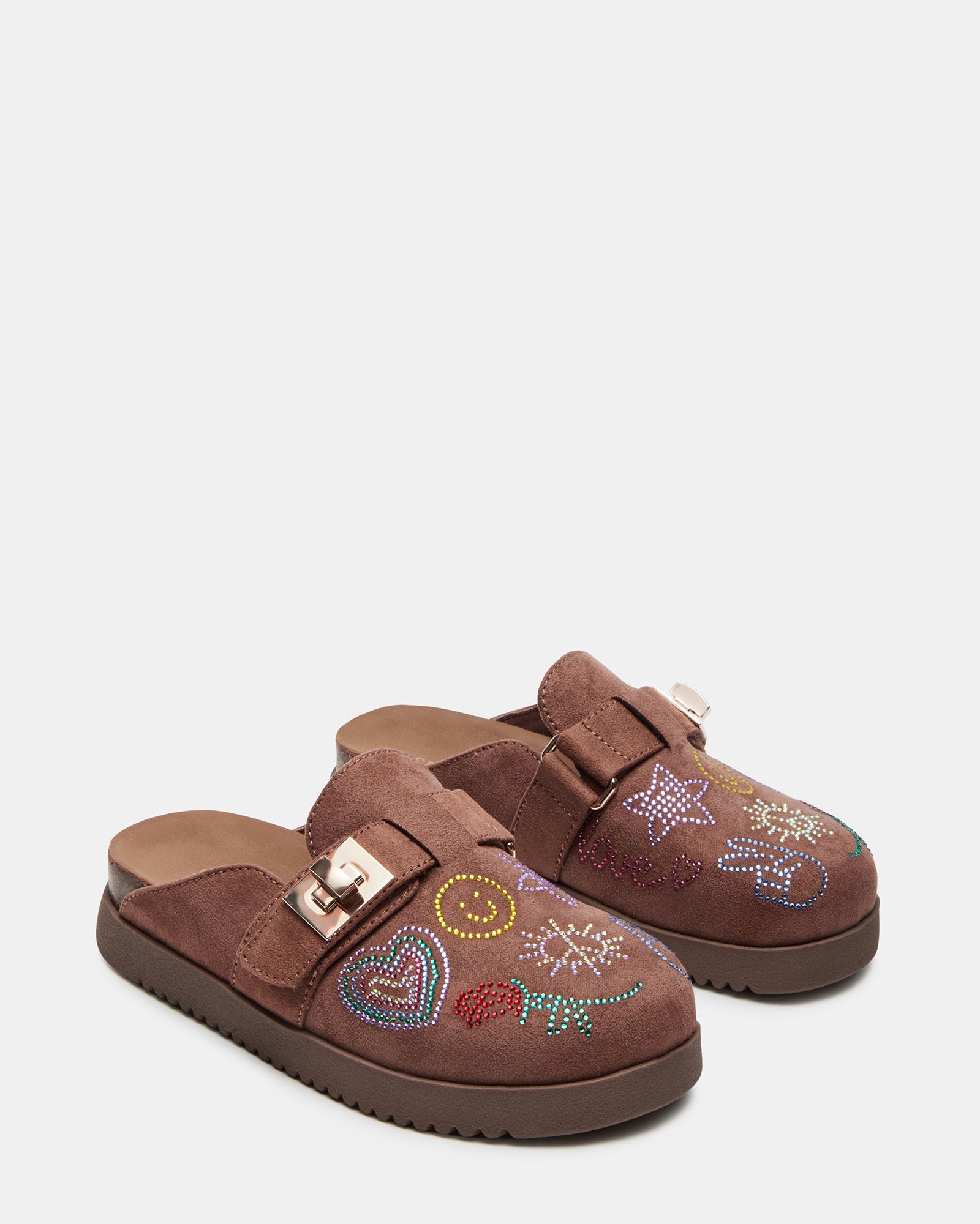 Side view of kids brown slip-on shoes with molded footbed and stylish hardware