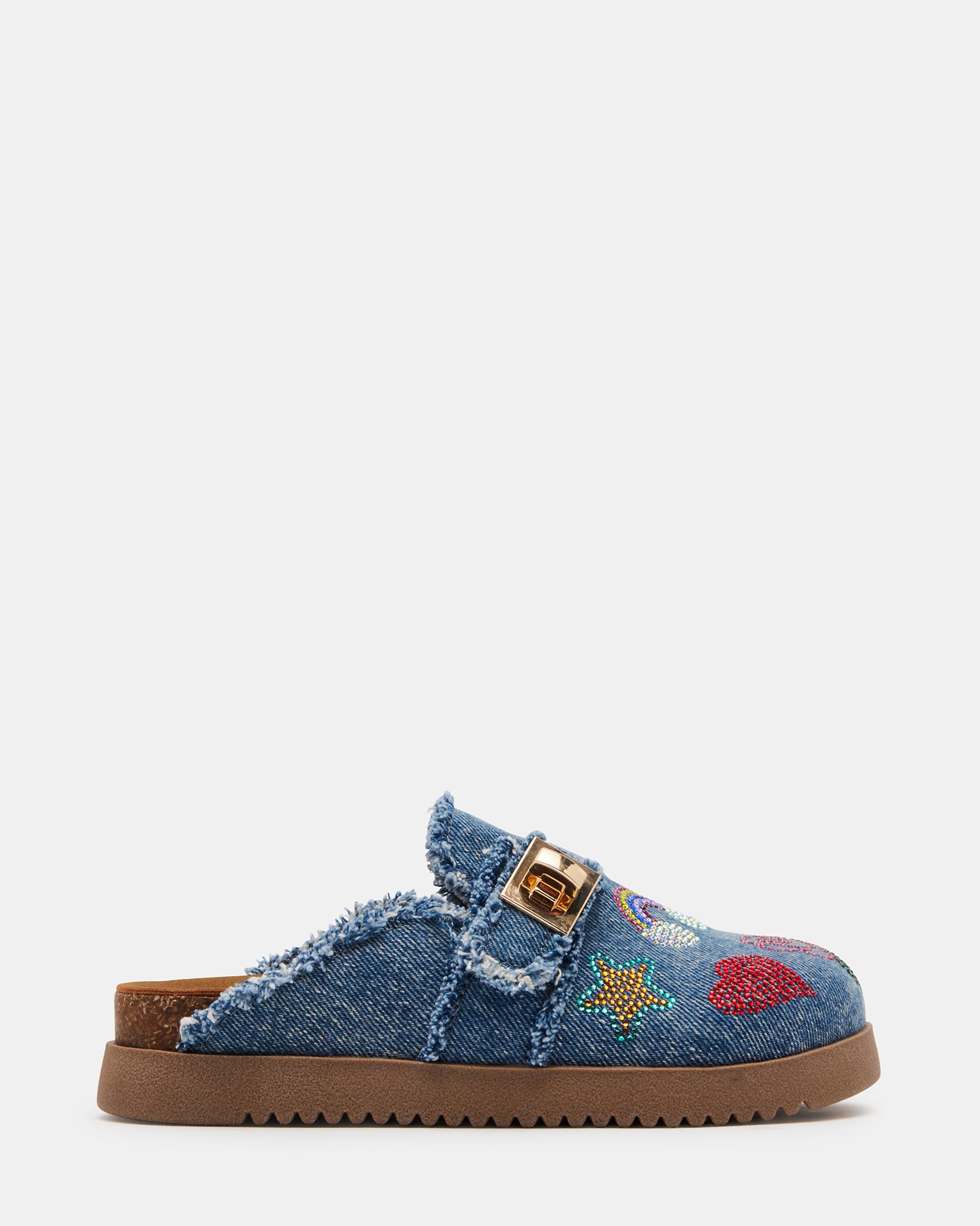 Side view of denim kids clogs with rhinestones and molded sole