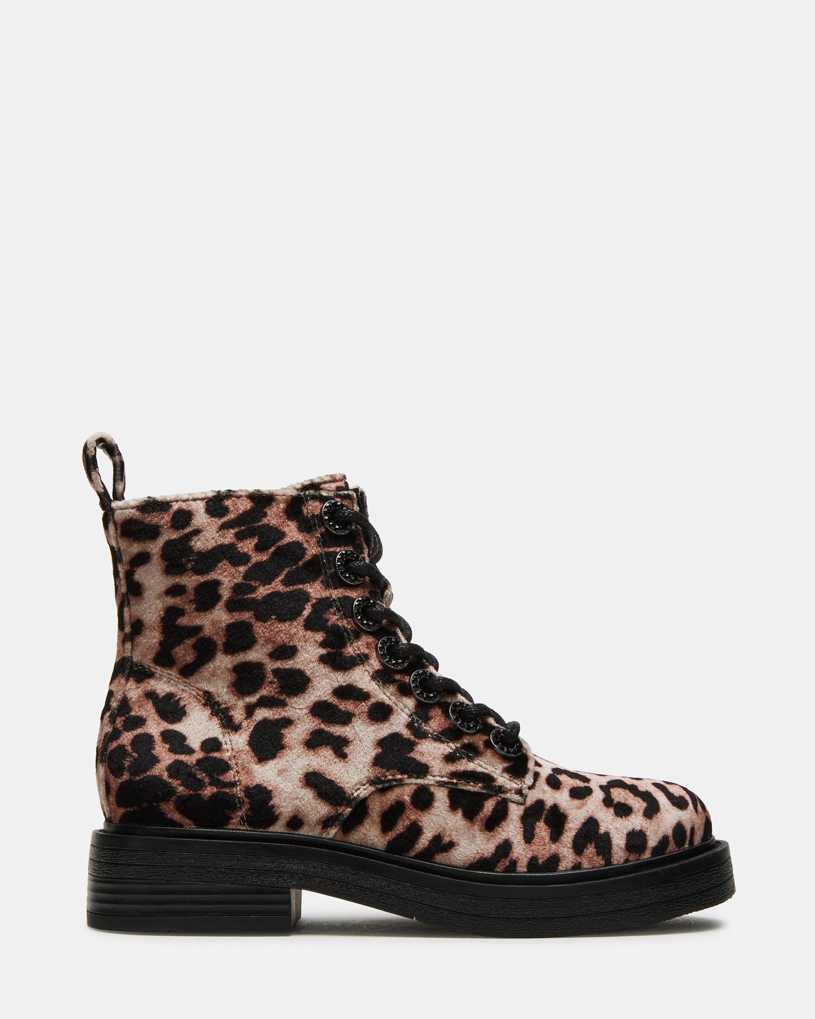 Side view of kids combat boots in leopard print with 1.5 inch heel