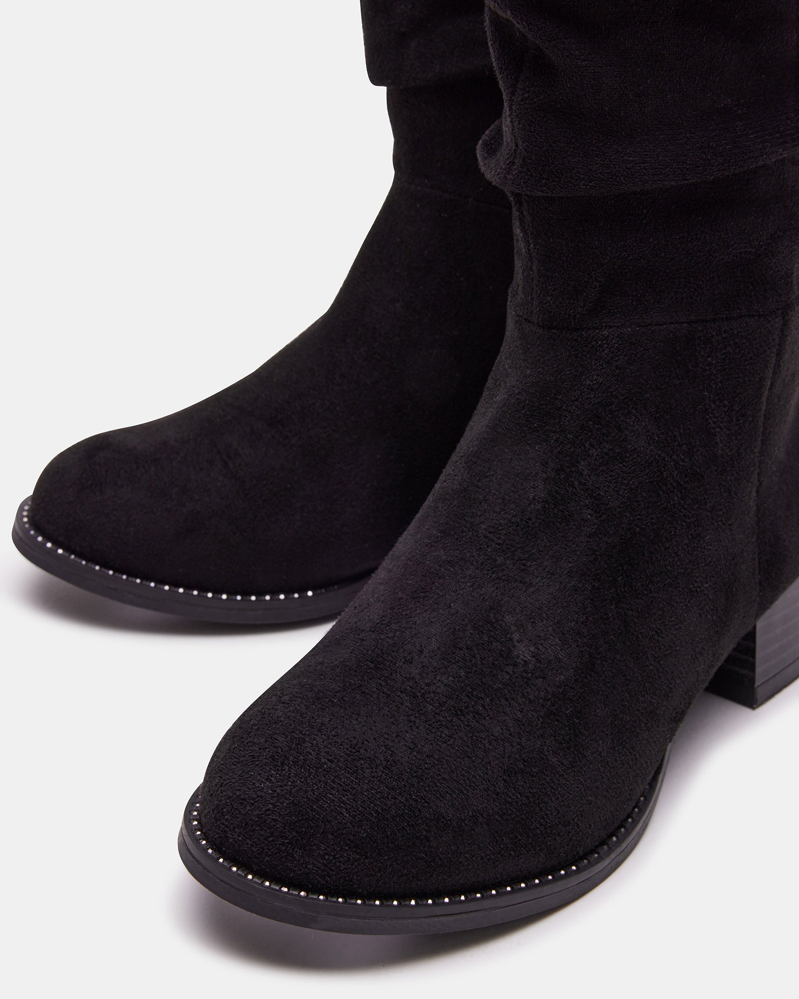 Front-facing image showcasing rounded toe and structured knee-high design.