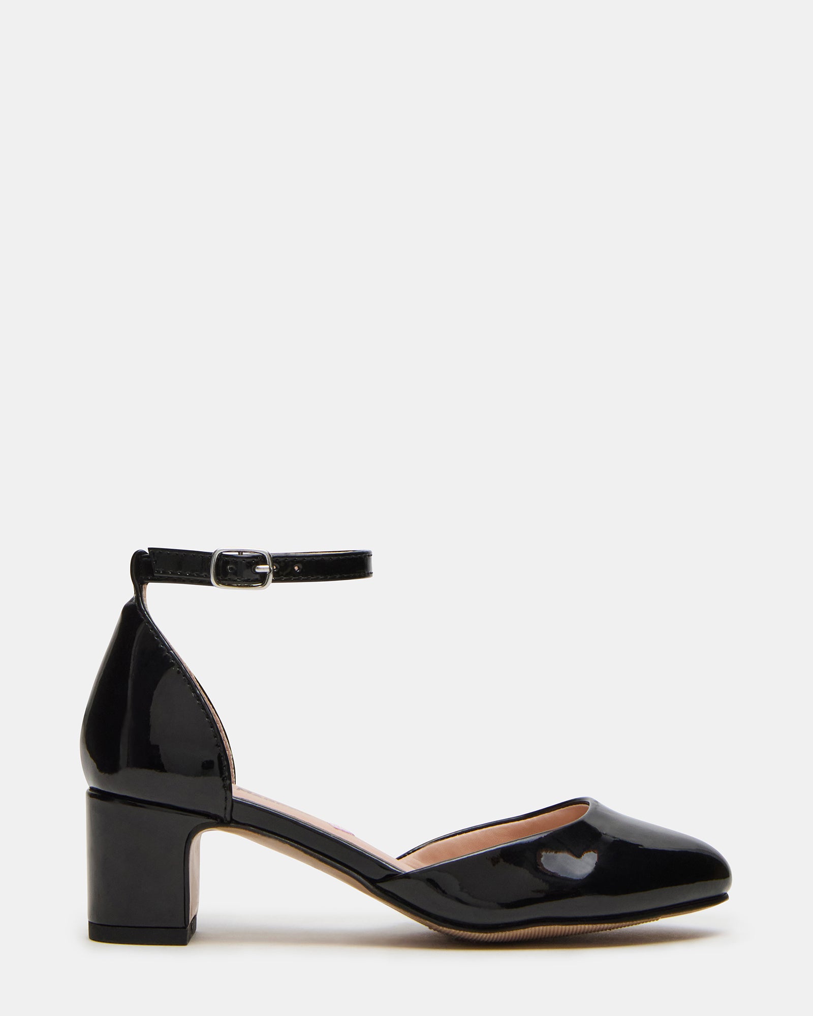 Front view of kids black patent Mary Janes with block heels, styled for birthday parties.