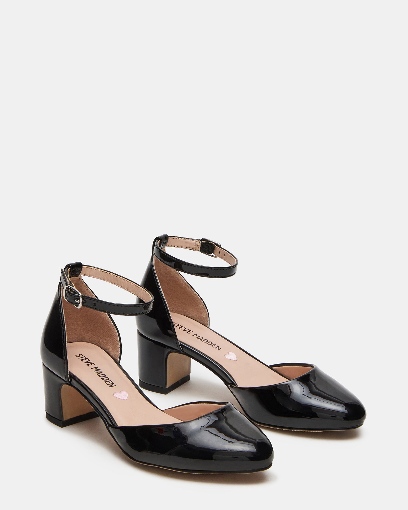 Side angle showing ankle strap and glossy patent finish—perfect kids dress shoes.