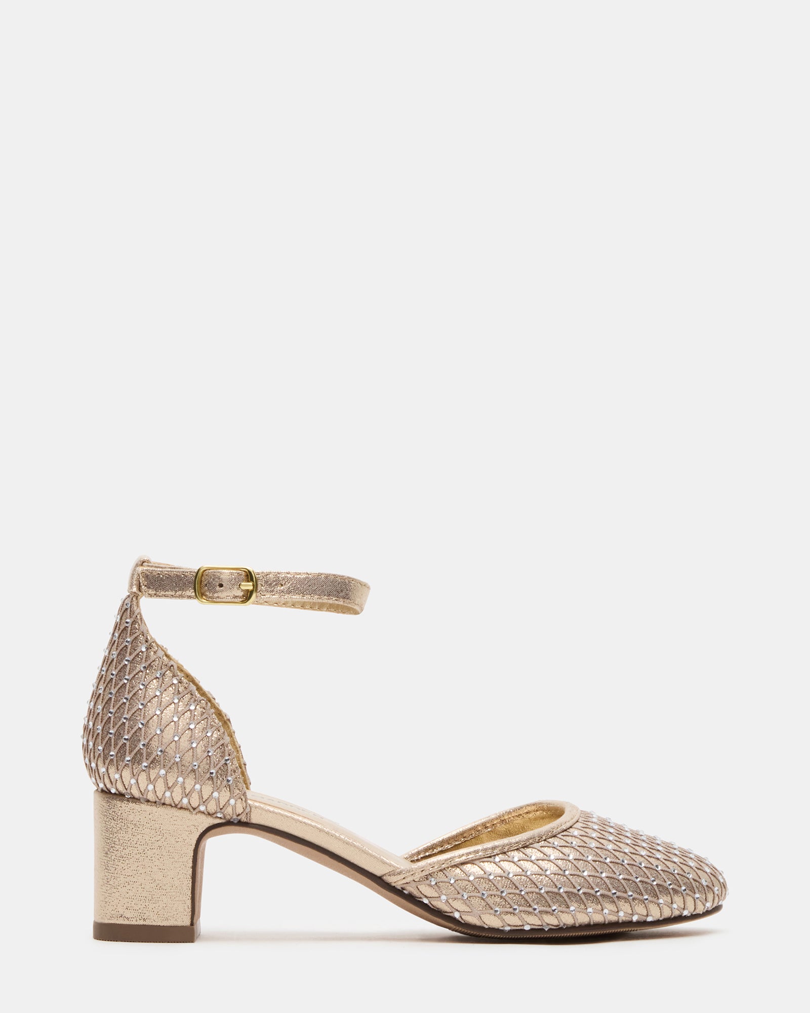 Kids' Prettyy Gold shoes with ankle strap and block heel for dressy occasions
