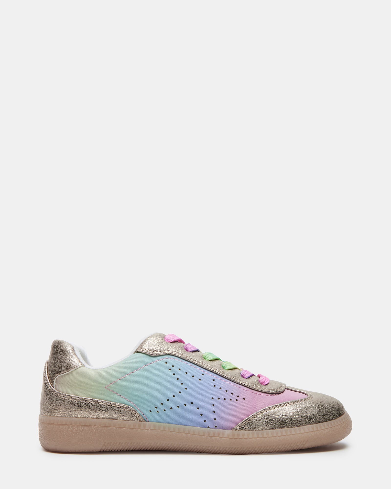 Front view of kids' quad pastel multi sneakers with star decal, showing colorful design and lace-up closure